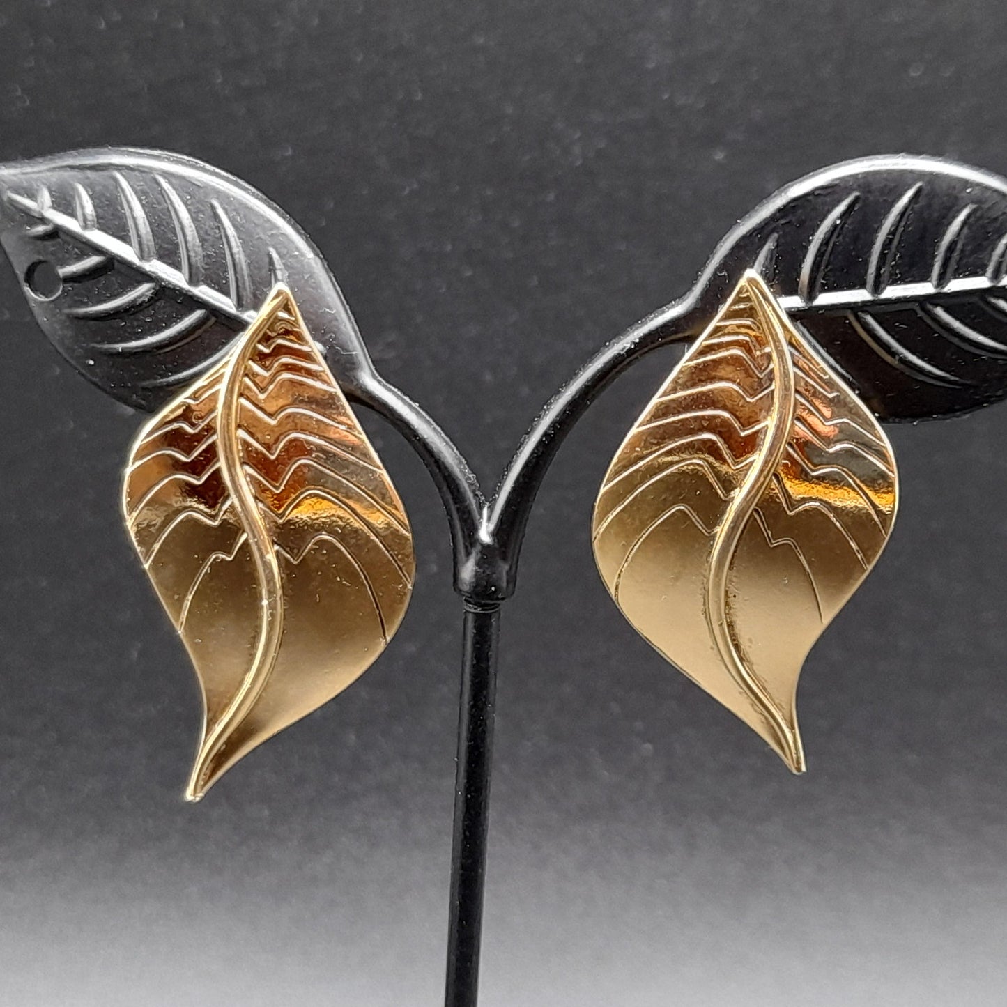 Vintage Laurel Burch Leaf Post Earrings, Gold Plated, 1 5/8 Inches