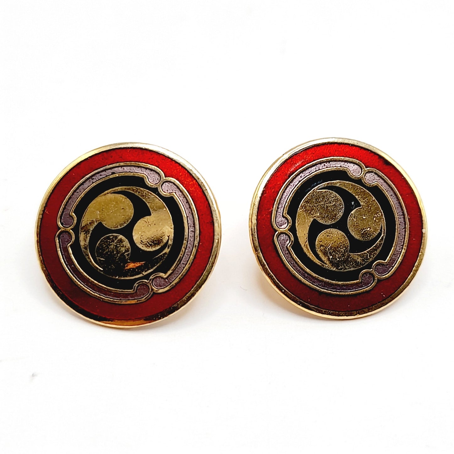 Vintage Laurel Burch Red Black Enamel Asian Symbol Post Earrings - Gold Plated - 3/4 Inch