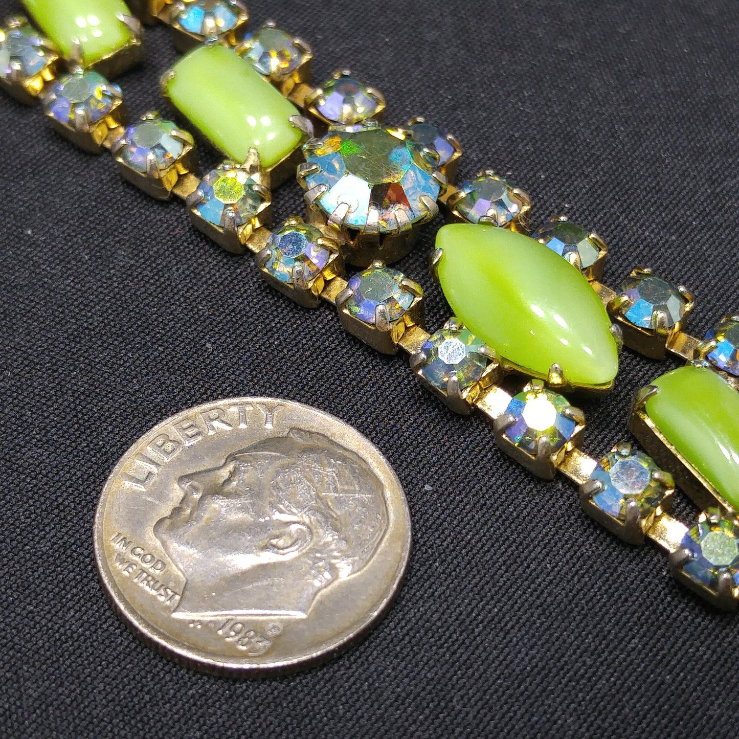 Mid-Century Green Blue AB Rhinestone Bracelet, Aurora Borealis, 1950s Vintage Jewelry