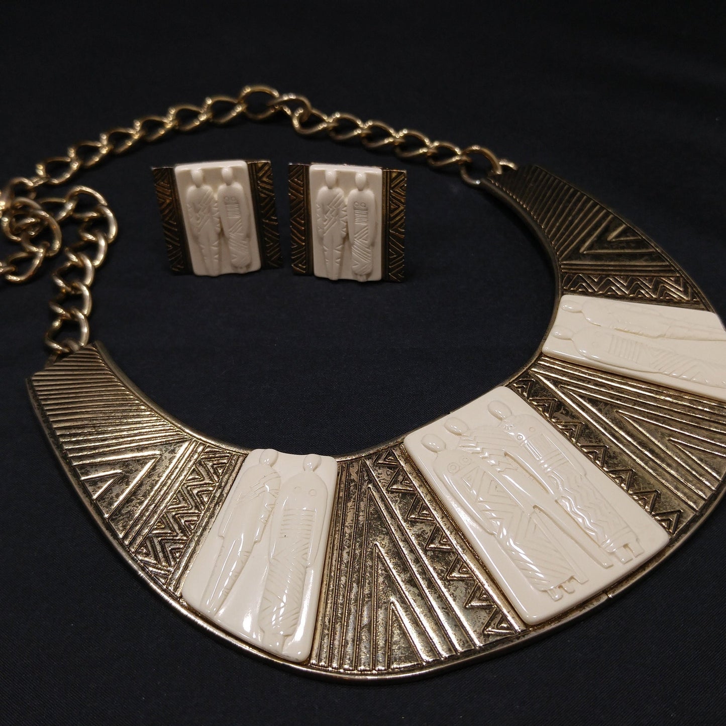 Laurel Burch Tribal Necklace & Clip Earrings, Lucite Gold Plate, 1980s Vintage Jewelry