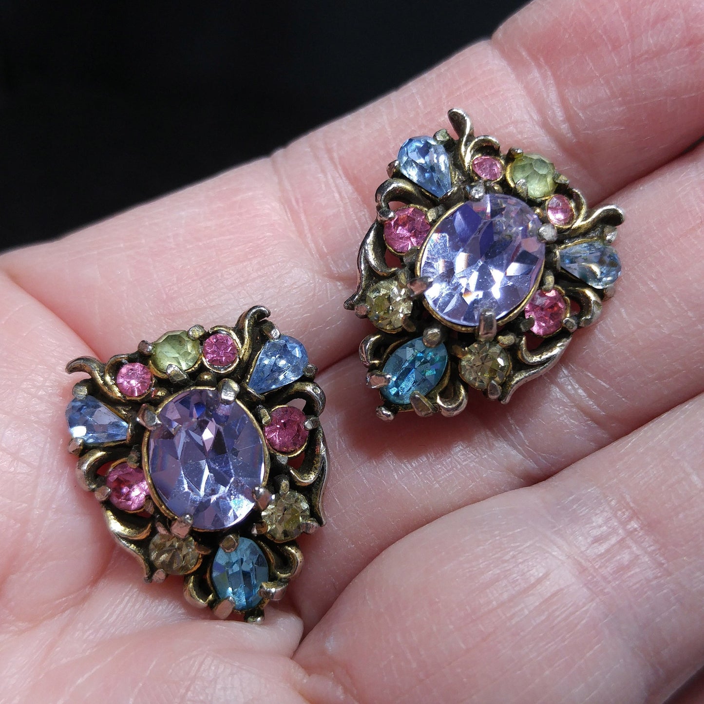 Hollycraft Pastel Rhinestone Earrings, Signed Copr 1950, Vintage Jewelry
