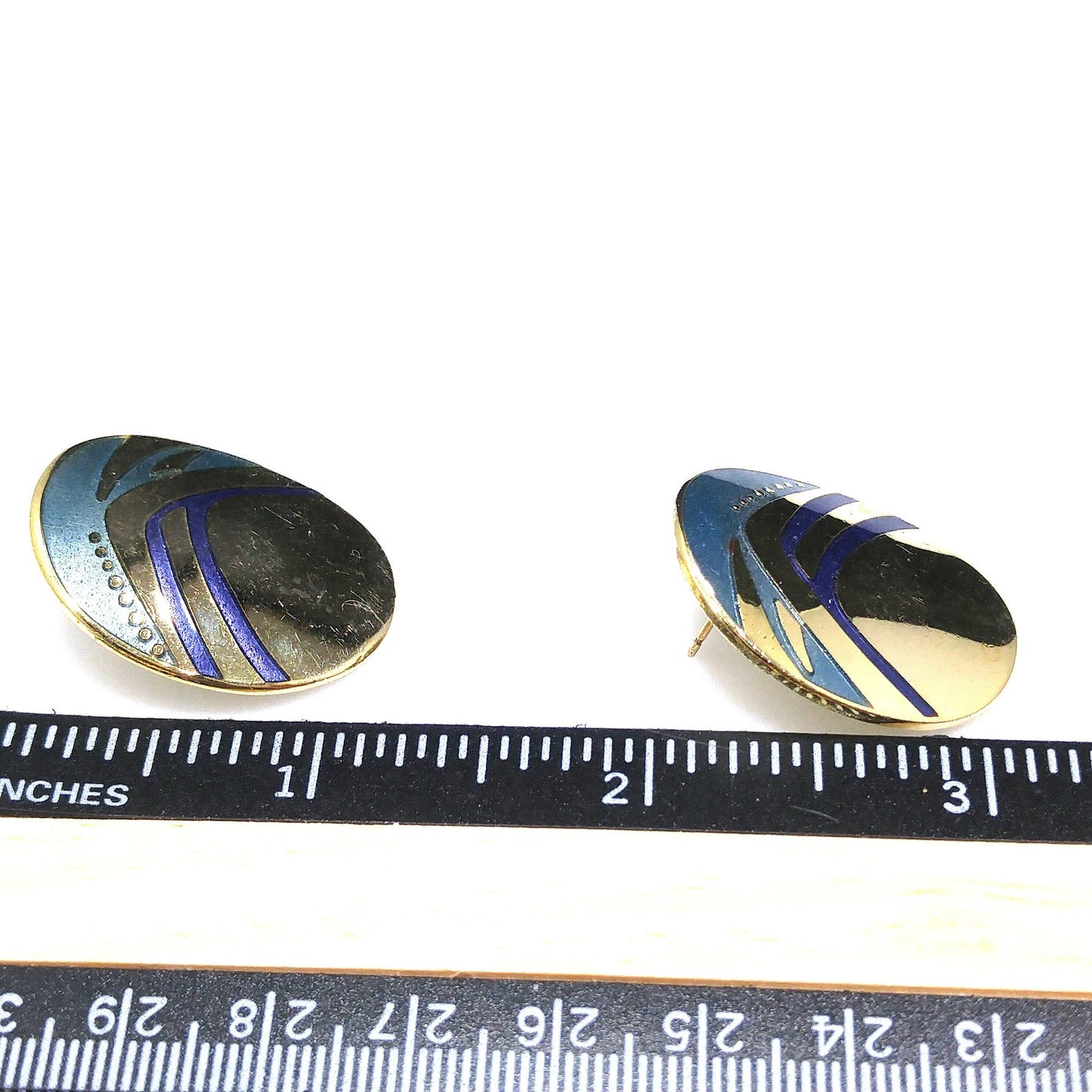 Laurel Burch Blue Metallic Oval Post Earrings, Gold Plated, 1980s Vintage