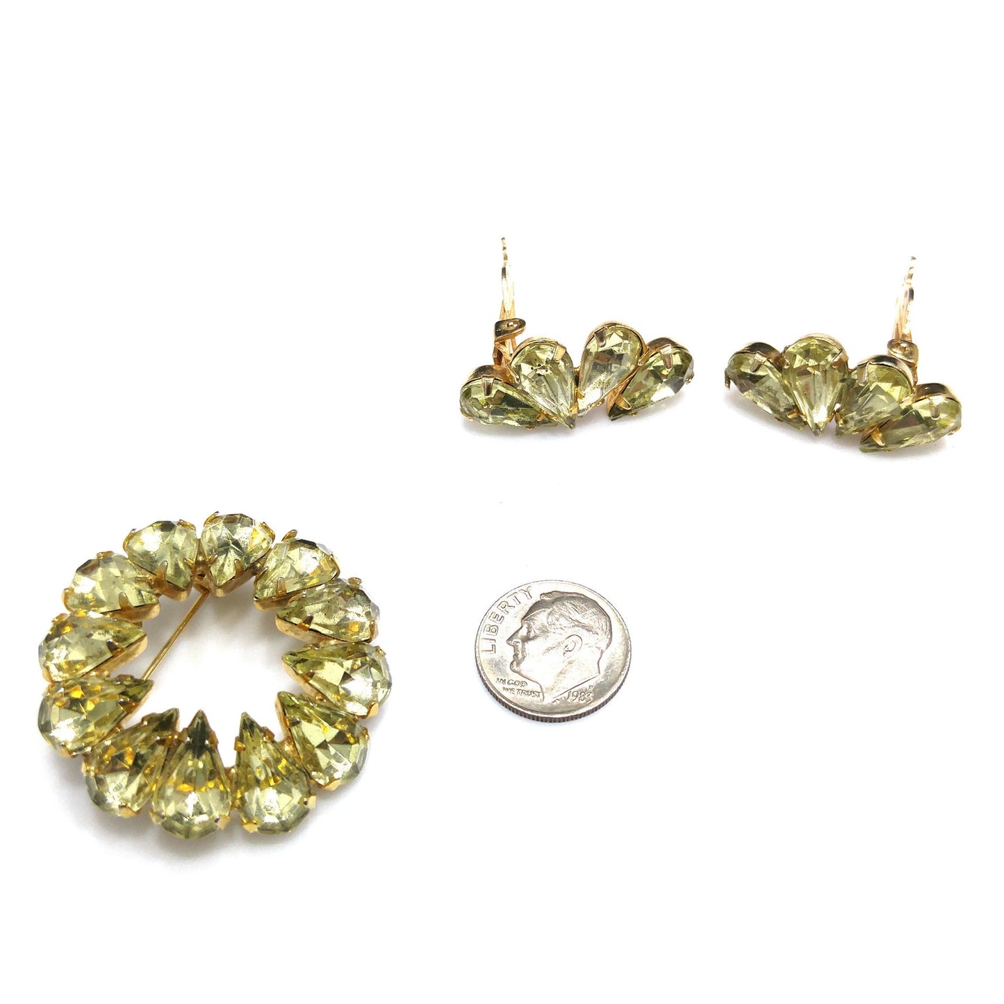 Jonquil Teardrop Rhinestone Brooch & Earrings, Gold Plated, 1950s Vintage Jewelry