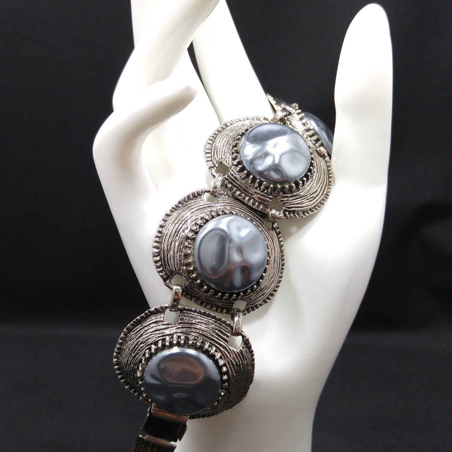 Mid-century Silver Chunky Five Link Bracelet, Gold Plated, Blue Lucite Metallic Pearled, 1960s Vintage Jewelry