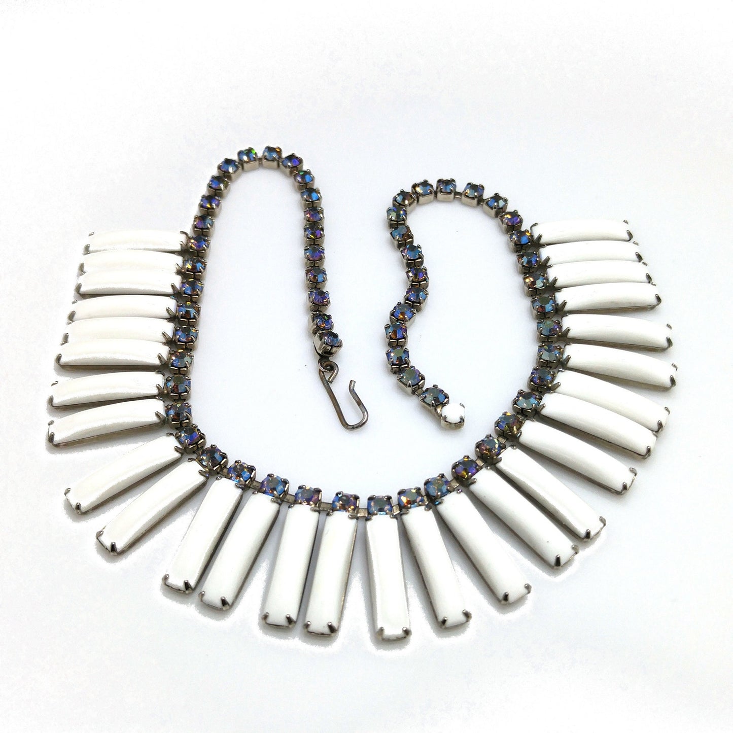White Lucite Blue Aurora Borealis Rhinestones Necklace, Egyptian Revival Mid-Century, 1960s Vintage Jewelry
