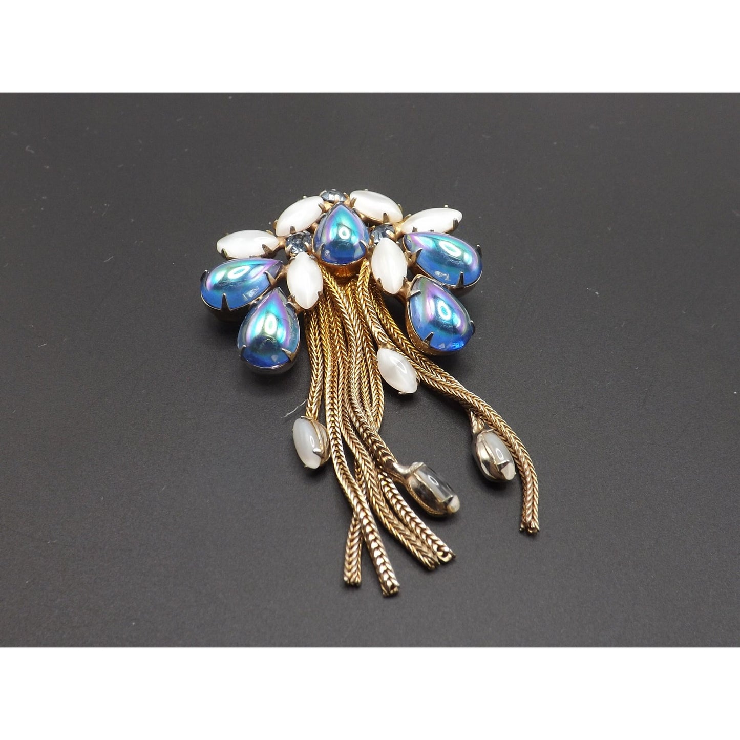 Iridescent Blue Gold Plated Fringe Brooch, White Art Glass Stones, 1960s Vintage Jewelry