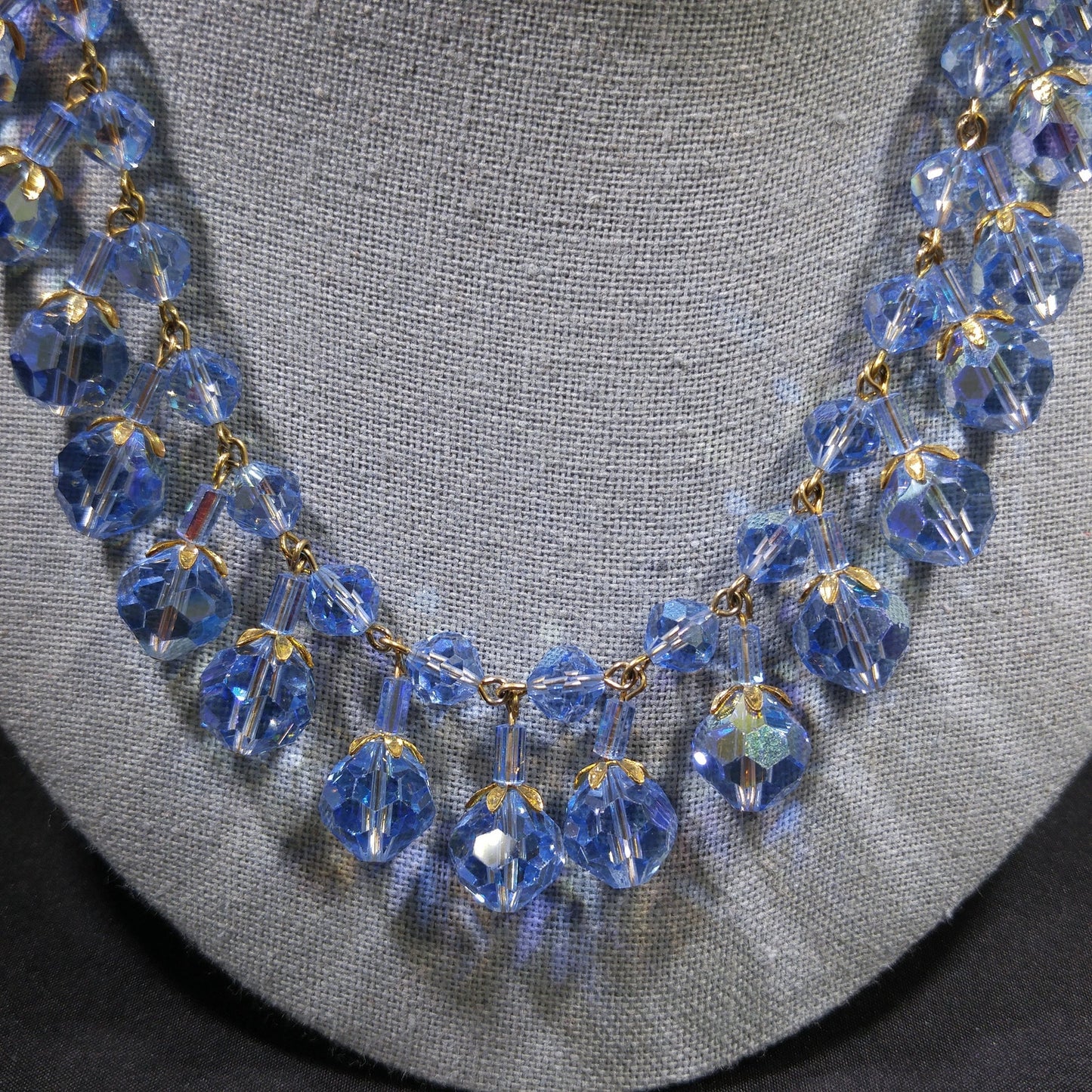 Blue Crystal Dangling Necklace, Light Blue Faceted Beads, 1960s Vintage Jewelry