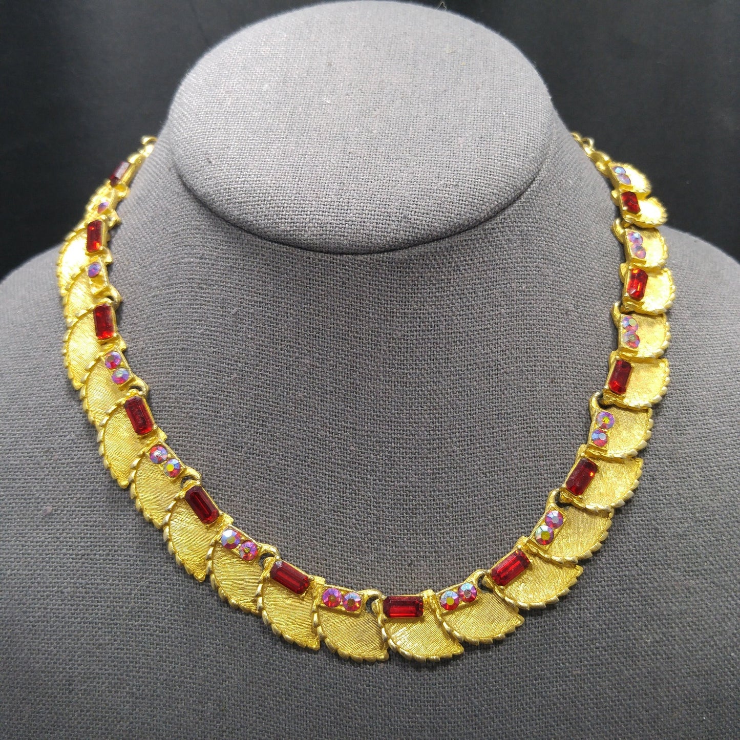 B.S.K. Red Rhinestone Choker Necklace, Aurora Borealis, 1960s Vintage Jewelry