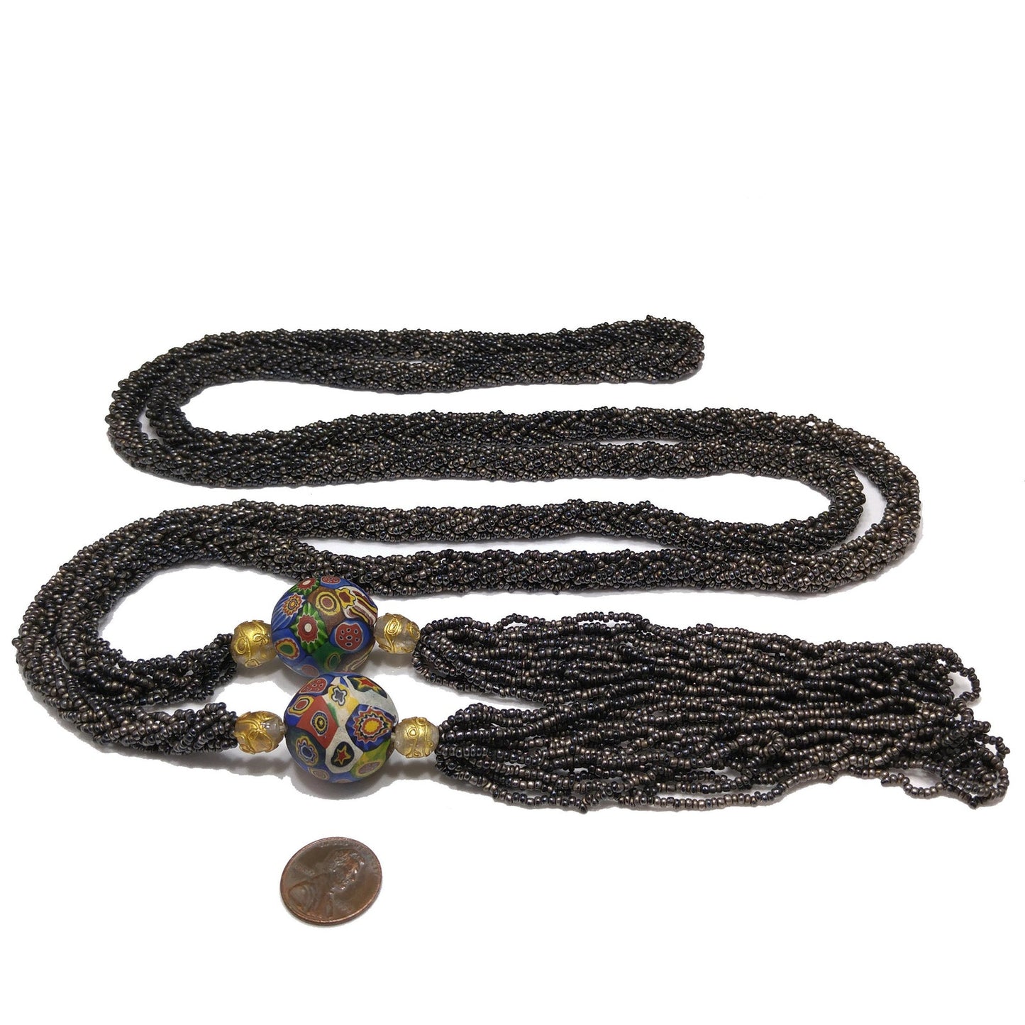 Vintage Art Deco Murano Millefiori Seed Bead Lariat Flapper Necklace, 1920s