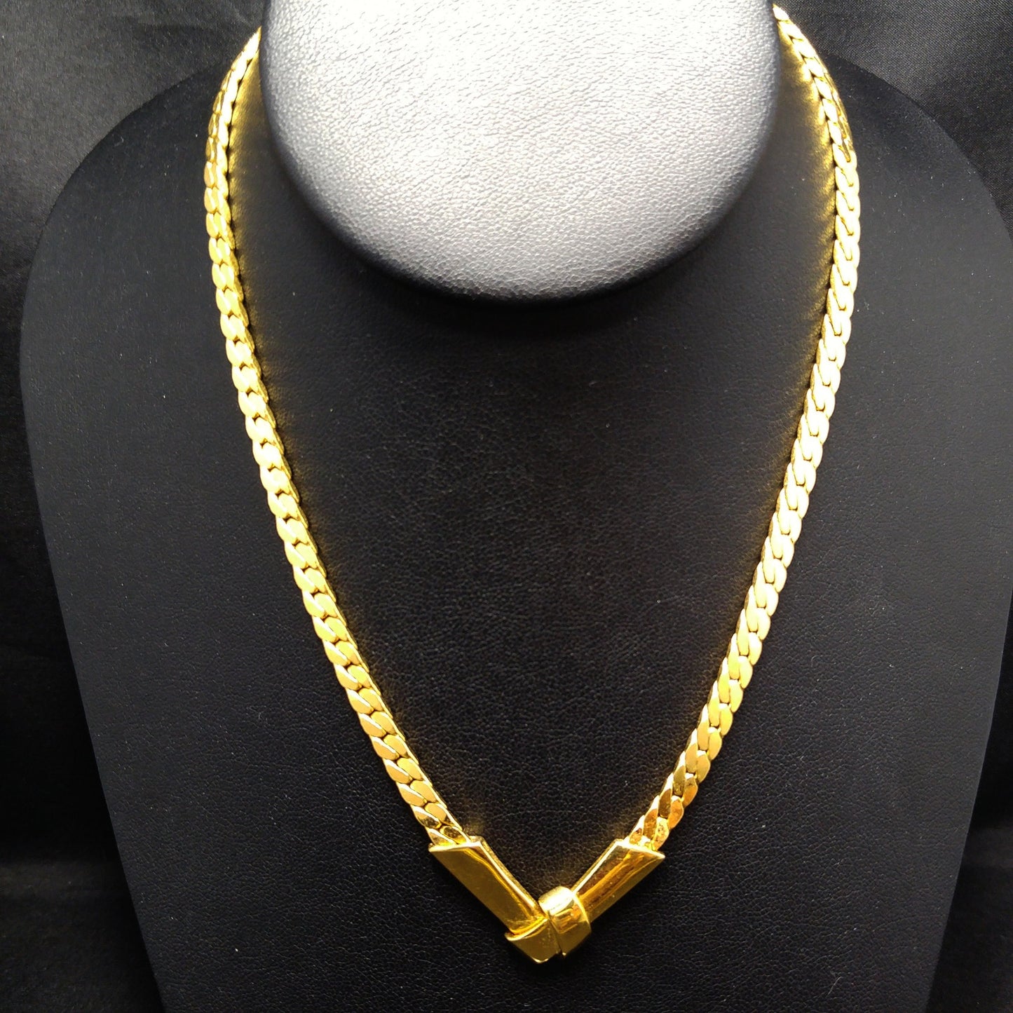 Monet Herringbone Chain Necklace, Gold Plated, V Pendant, 1980s Vintage Jewelry