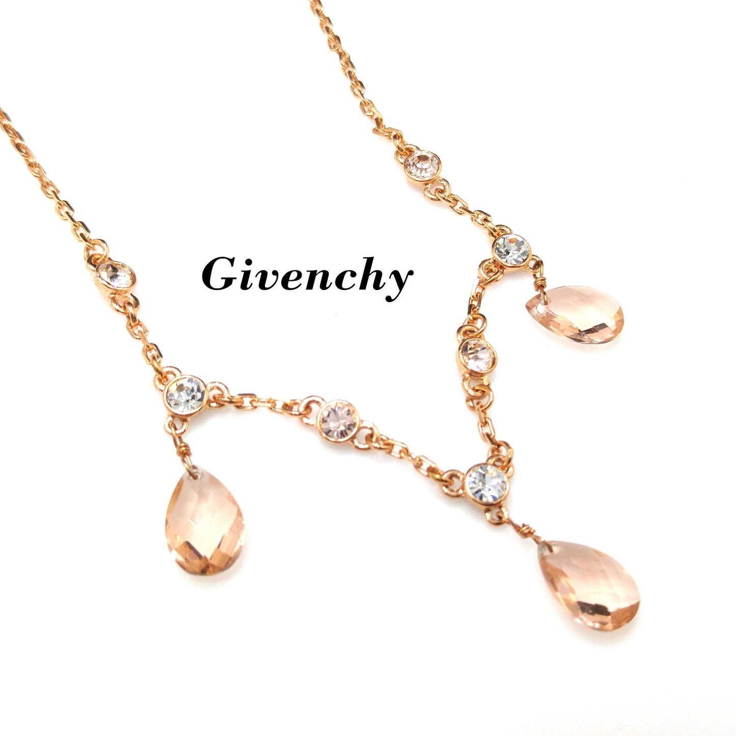 Givenchy Rose Gold Crystal Necklace – Three Drop Clear Rhinestones – Vintage Jewelry