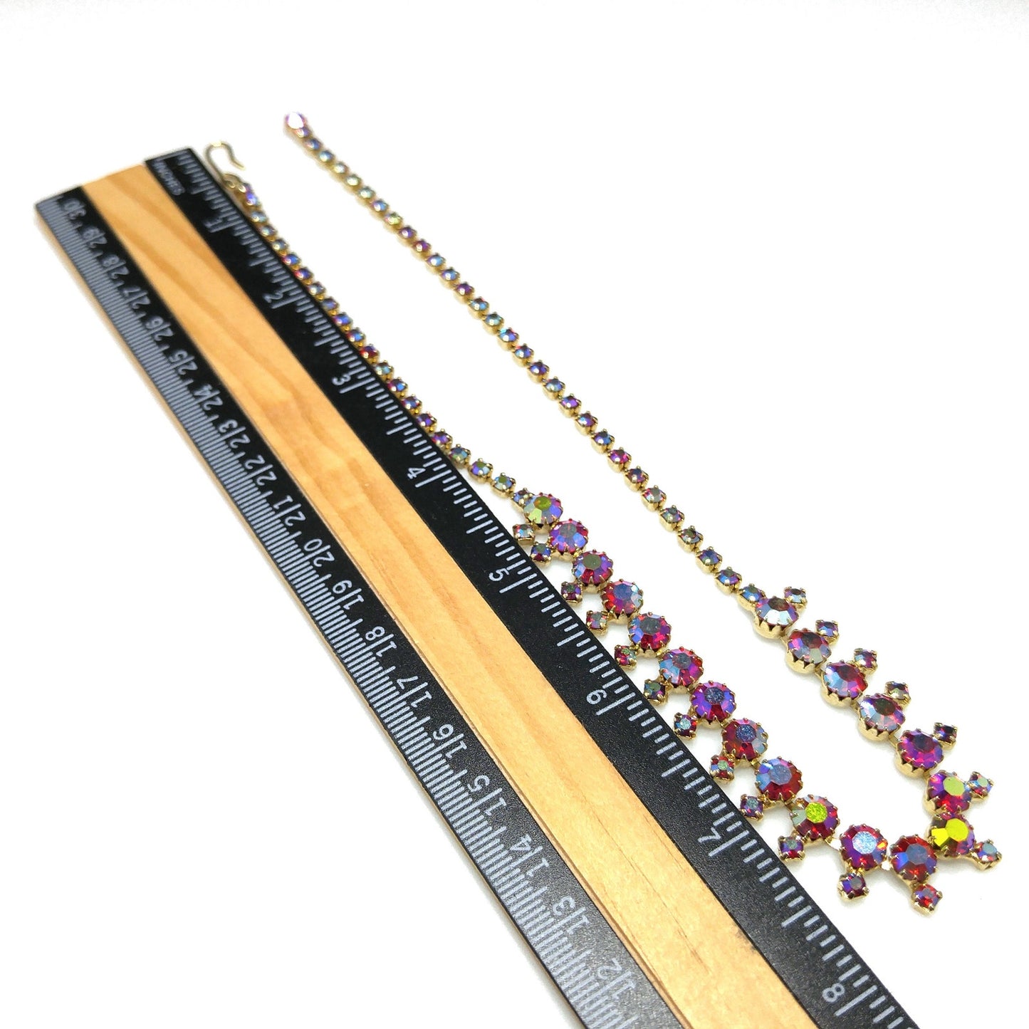 Red Rhinestone Aurora Borealis Choker Necklace, Gold Plated, 1960s Vintage Jewelry