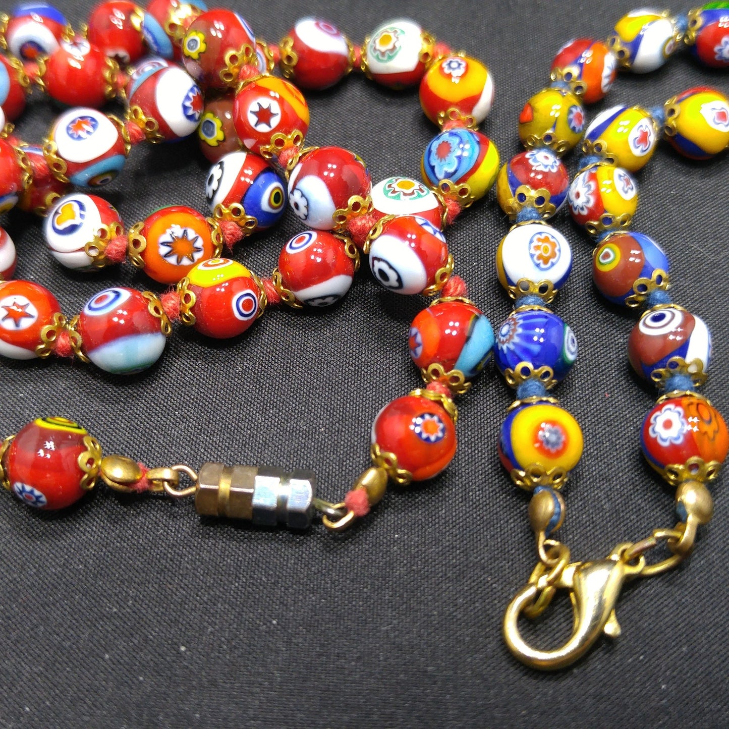Murano Millefiori Beaded Necklace Bracelet Set, Hand Blown Glass, Hand Knotted in Red, 1950s Vintage Jewelry