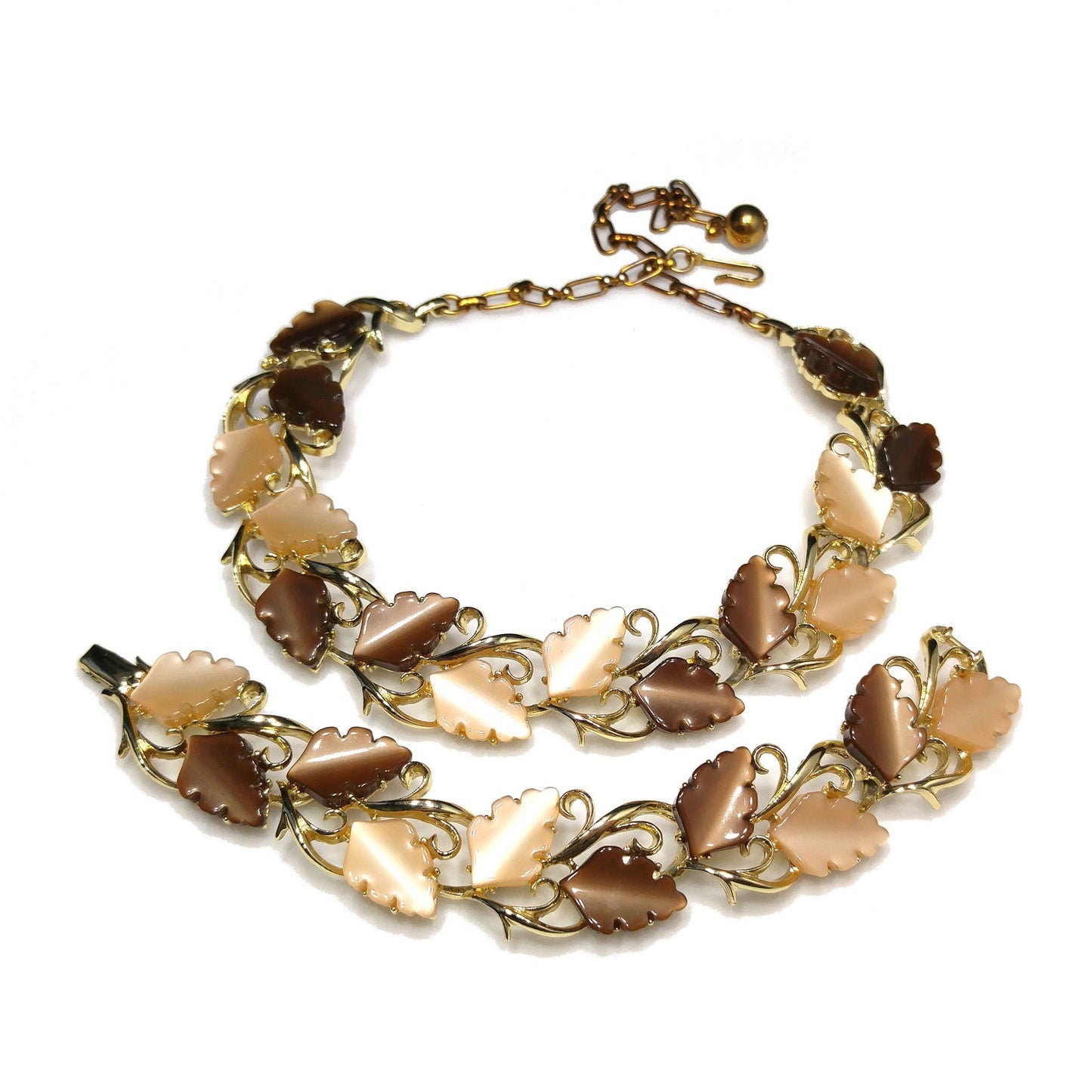 Mid-Century Beige Brown Moonglow Leaves Necklace Bracelet Set, Lucite Jewelry, 1950s Vintage Jewelry
