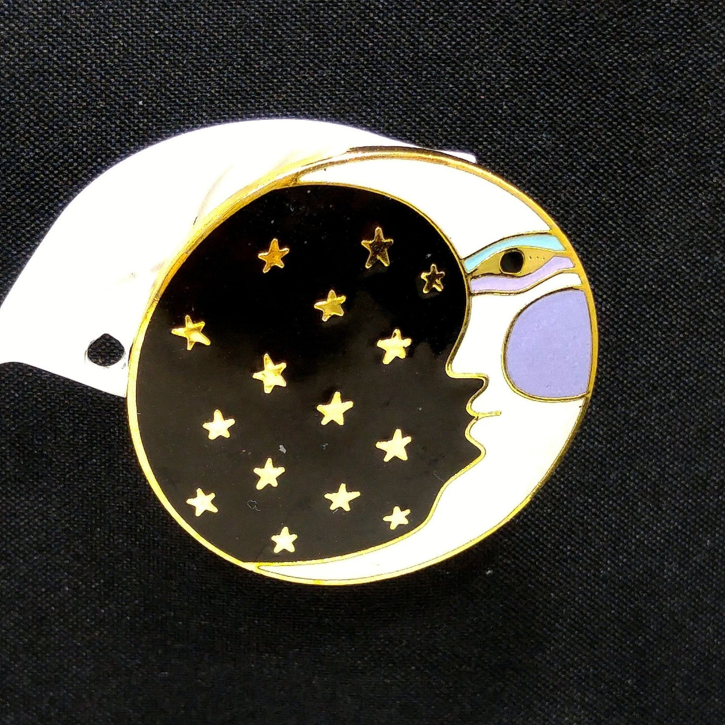 Laurel Burch "Moonface" Large Post Earrings, Cloisonné Gold Plate, Enamel Black White Purple, 1980s Vintage Jewelry
