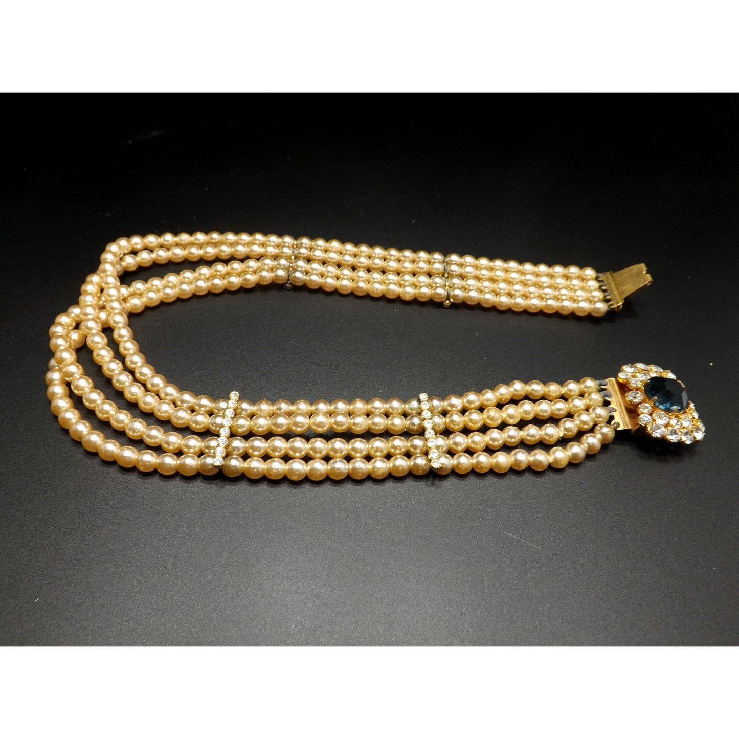 Blue Rhinestone Faux Pearl Collar Necklace, Three Strands, 14 Inches, 1950 Vintage Jewelry
