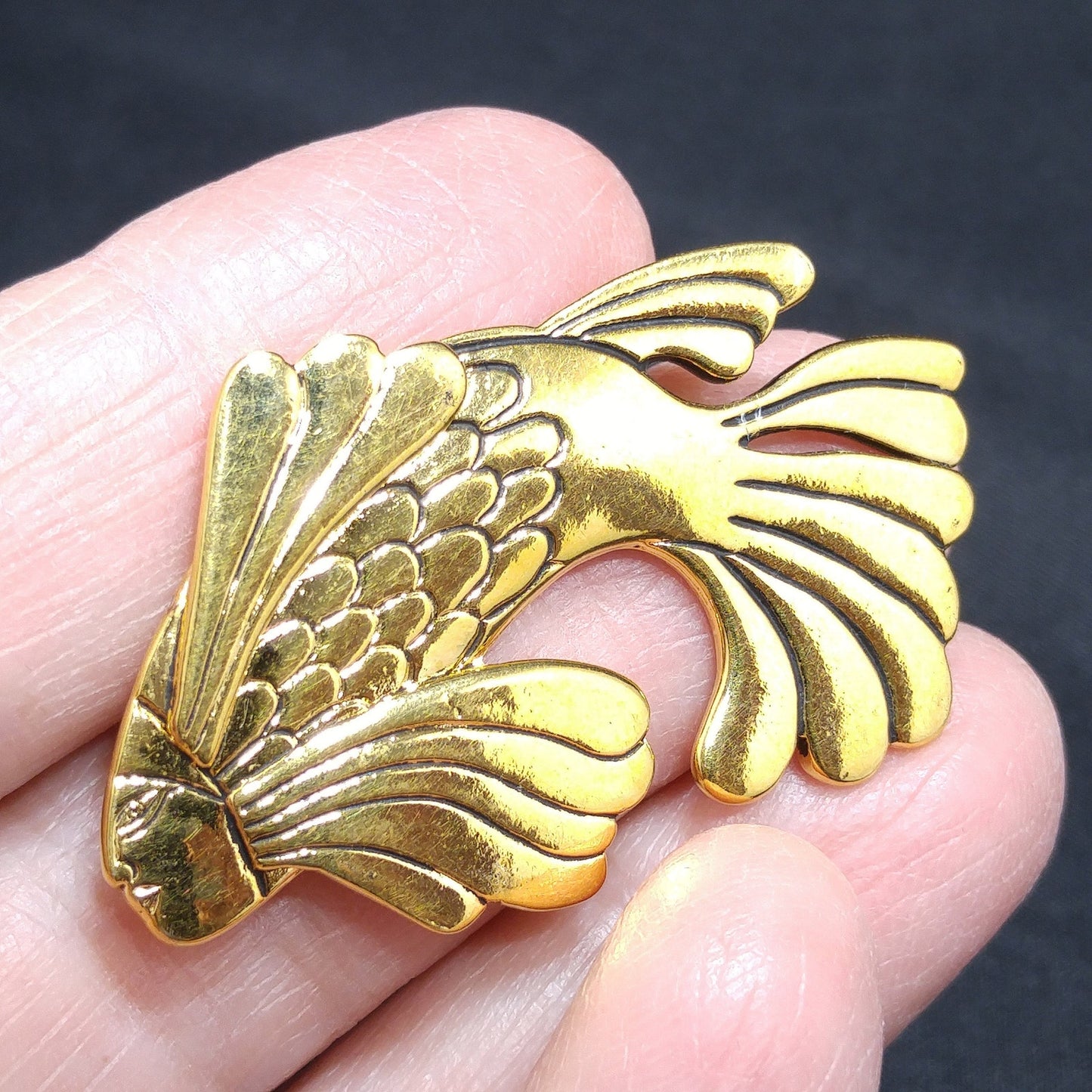 Laurel Burch Fish With Human Face Brooch, Gold Plated, 1980s Vintage Jewelry