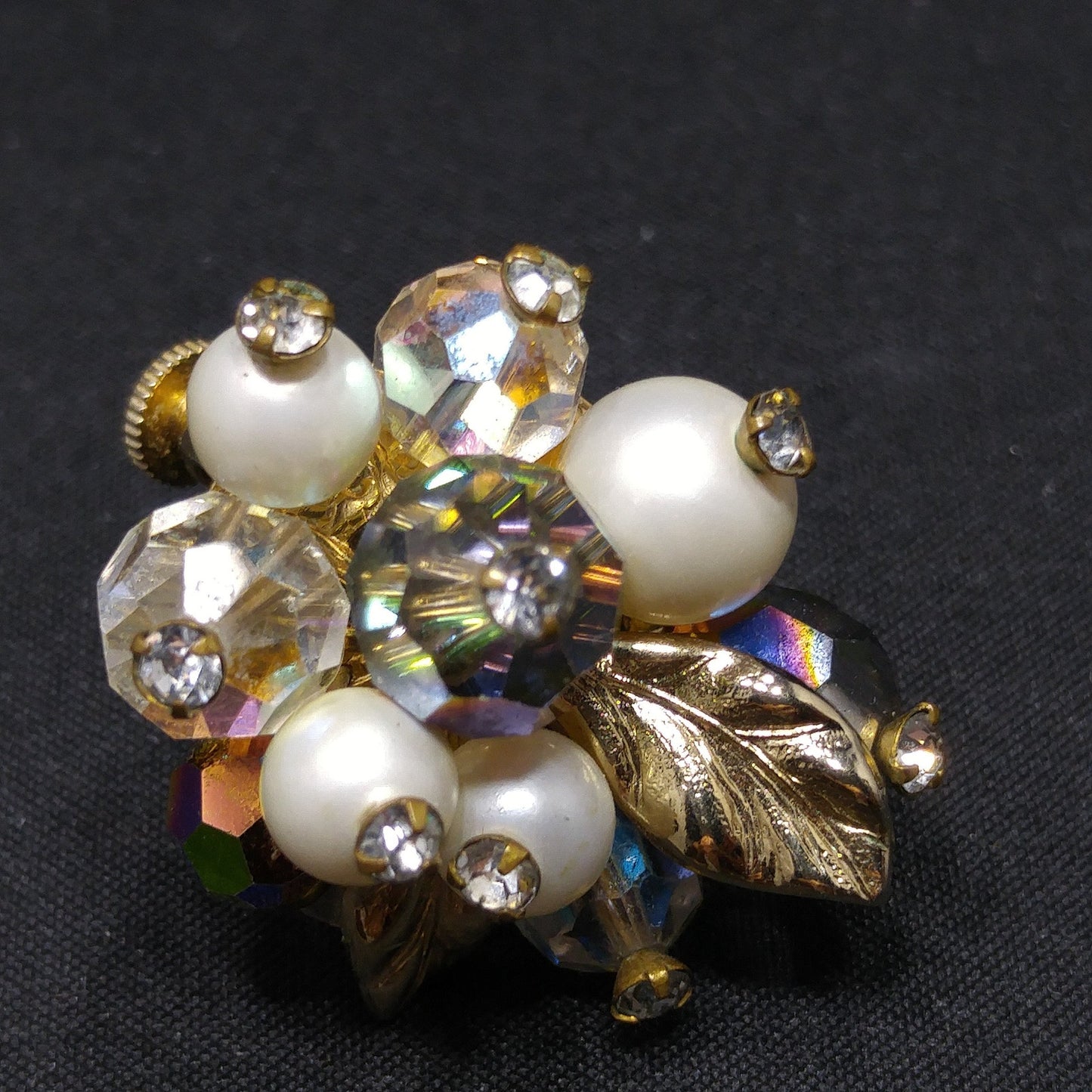 Vendome Floral Bead Crystal Clip Earrings, Faux Pearls, Vitrail Crystal, 1960s Vintage Jewelry