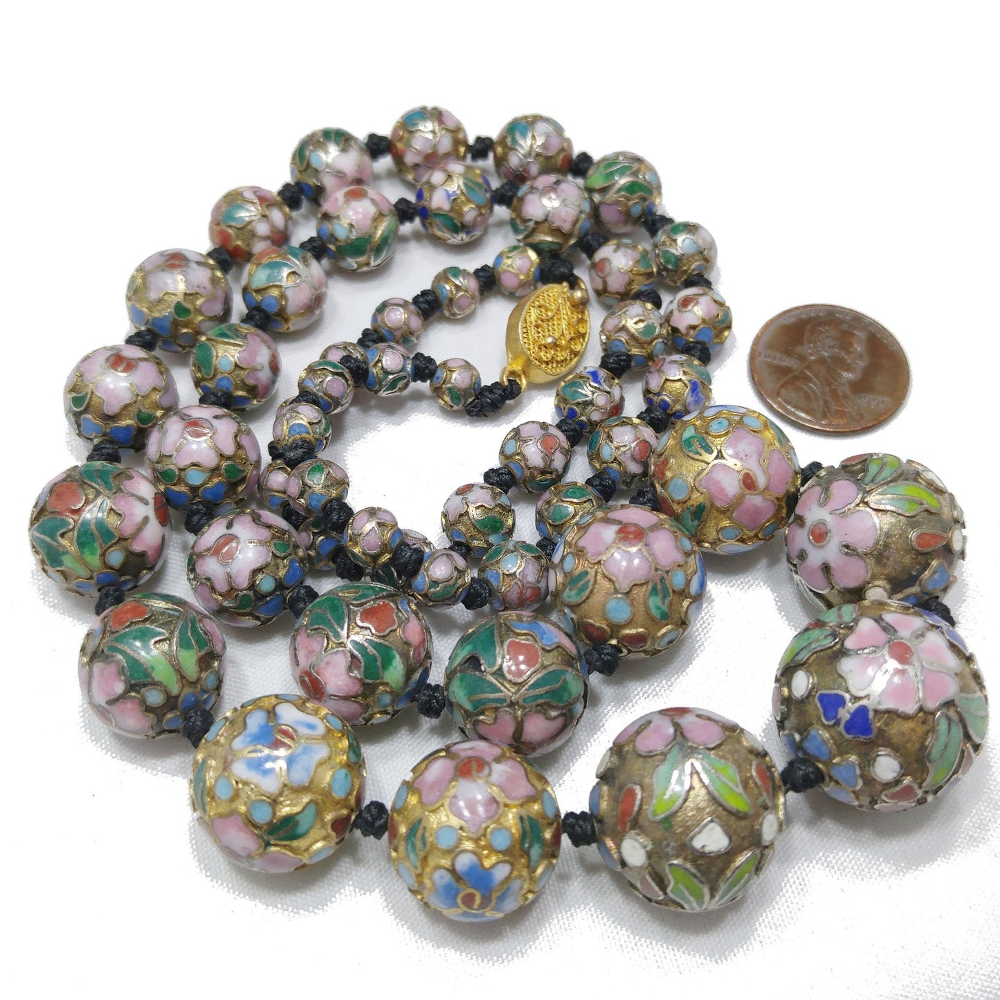 Vintage Cloisonne Beaded Necklace, Hand Knotted, Hand Painted Floral Beads, 1960