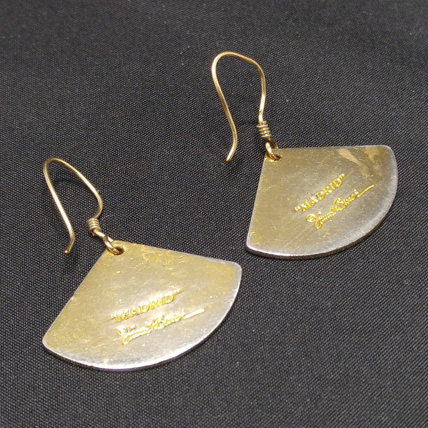 Vintage Laurel Burch Black White Gold Fan Drop Earrings, Gold Plated Enamel
