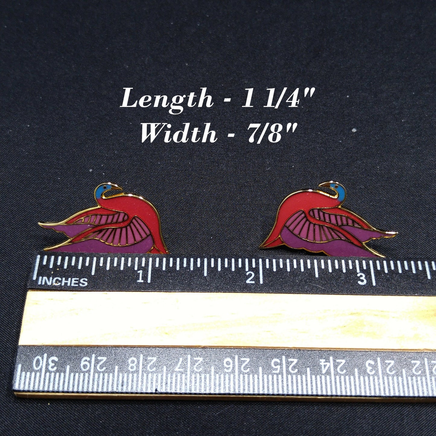 Laurel Burch "Swan" Cloisonné Post Earrings, Red Purple Pink Blue Enamel, Gold Plate, 1980s Vintage Jewelry
