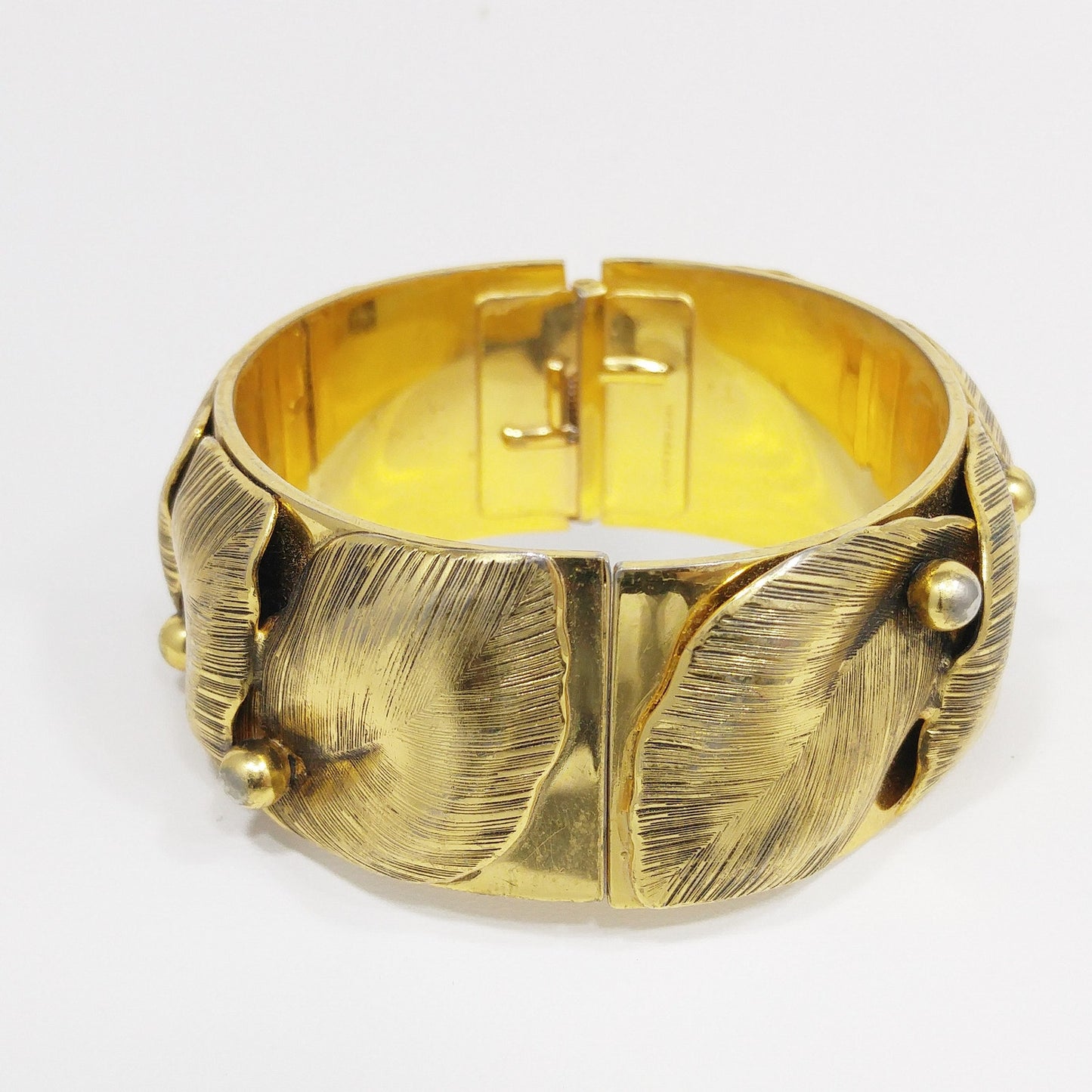 Whiting & Davis Gold Plated Leaf Bracelet, Hinged Wide Clamper, 1950s Vintage