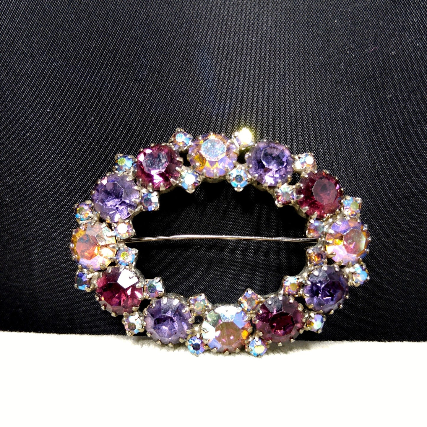 Oval Purple Aurora Borealis Lavender Rhinestone Brooch, Dog-toothed Prong Set, 1960s Vintage Jewelry