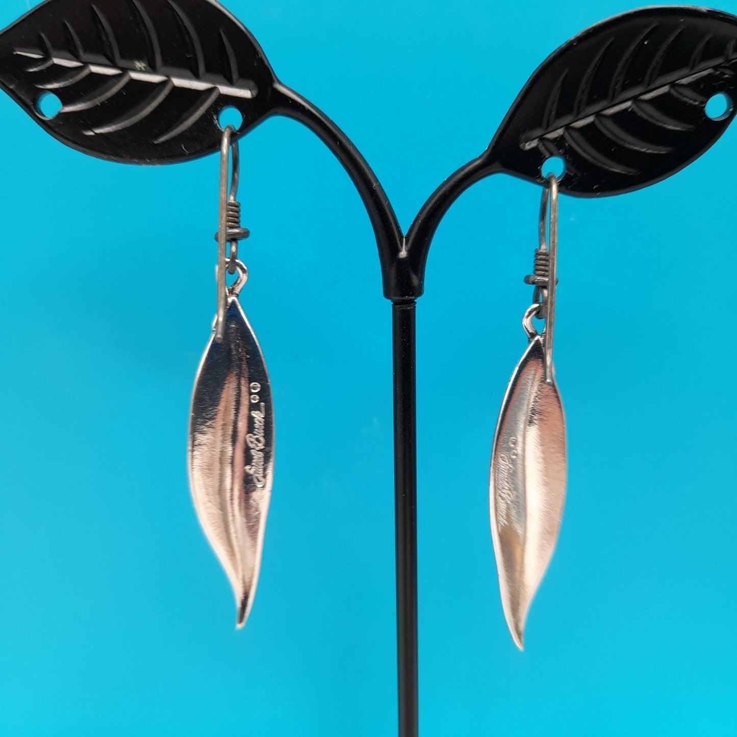 Vintage Laurel Burch Leaf Drop Earrings, Rhodium Plated Leaves