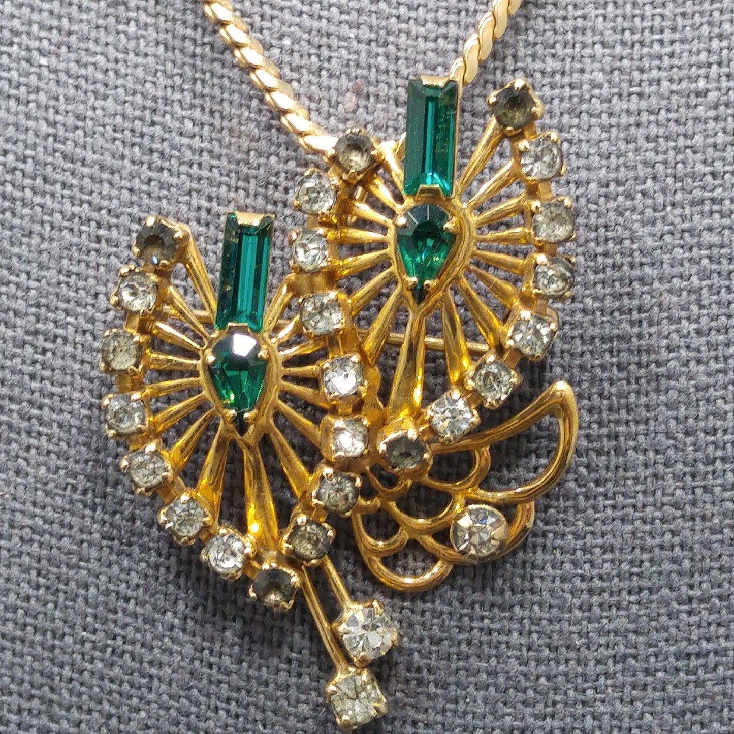 Phyllis Originals Green Rhinestone Pendant Brooch Necklace, Gold Filled, Paper Tag, 1950s Vintage Jewelry