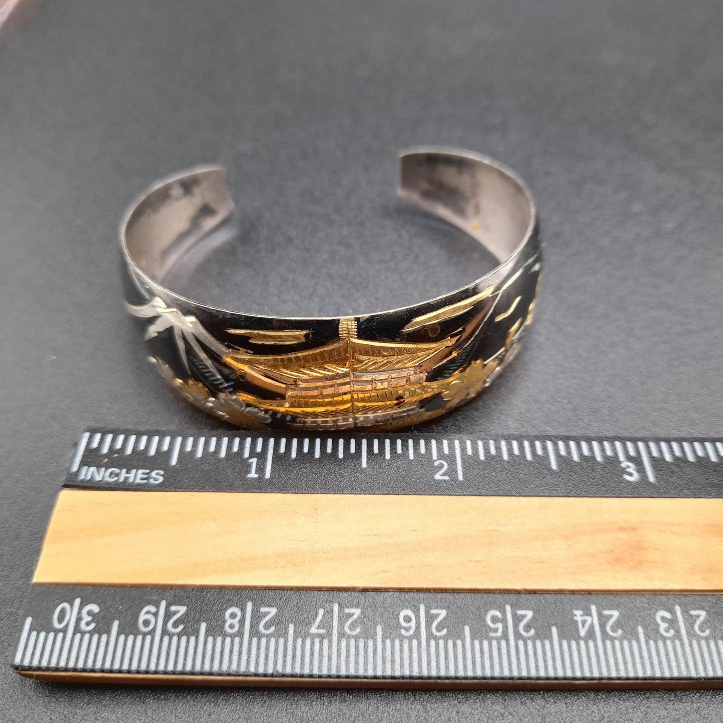 Vintage Japanese Sterling Cuff Bracelet, Mt. Fuji Pagoda Japanese Scene Panorama, 1960s Jewelry