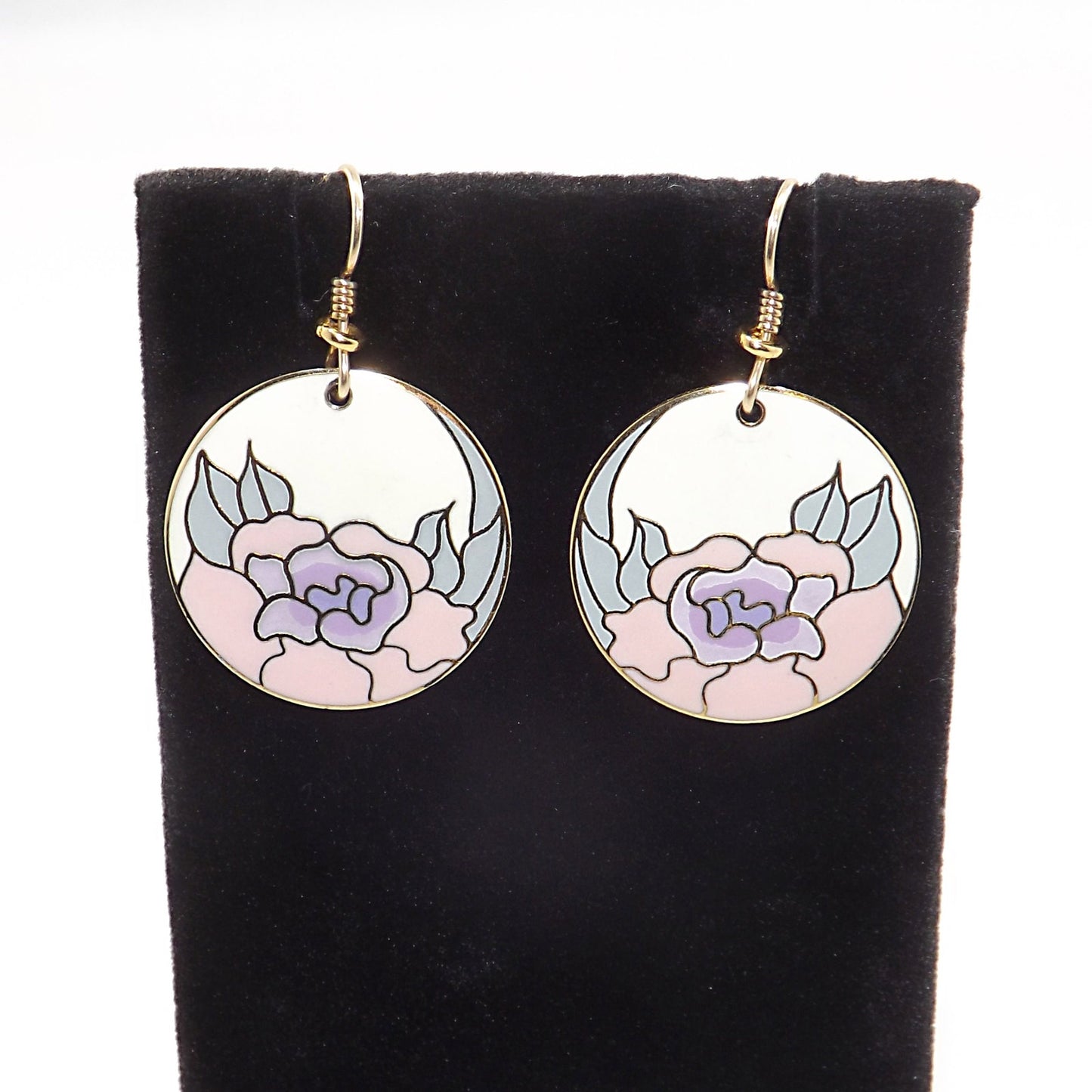 Laurel Burch "Garden Rose" Earrings, Cloisonné Gold Plated, 1980s