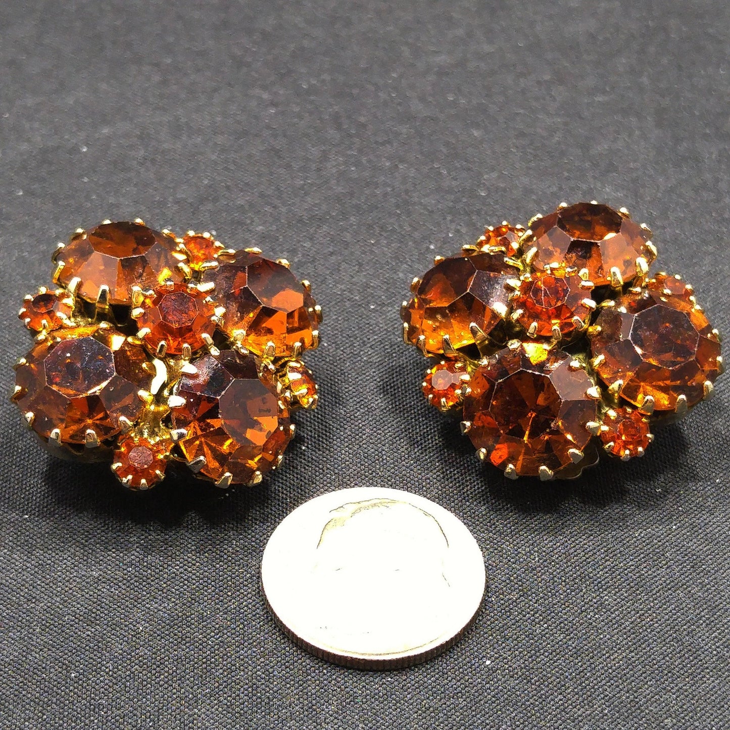 Weiss Topaz Rootbeer Rhinestone Clip Earrings, Gold Plated, Floral Design, 1960s Vintage