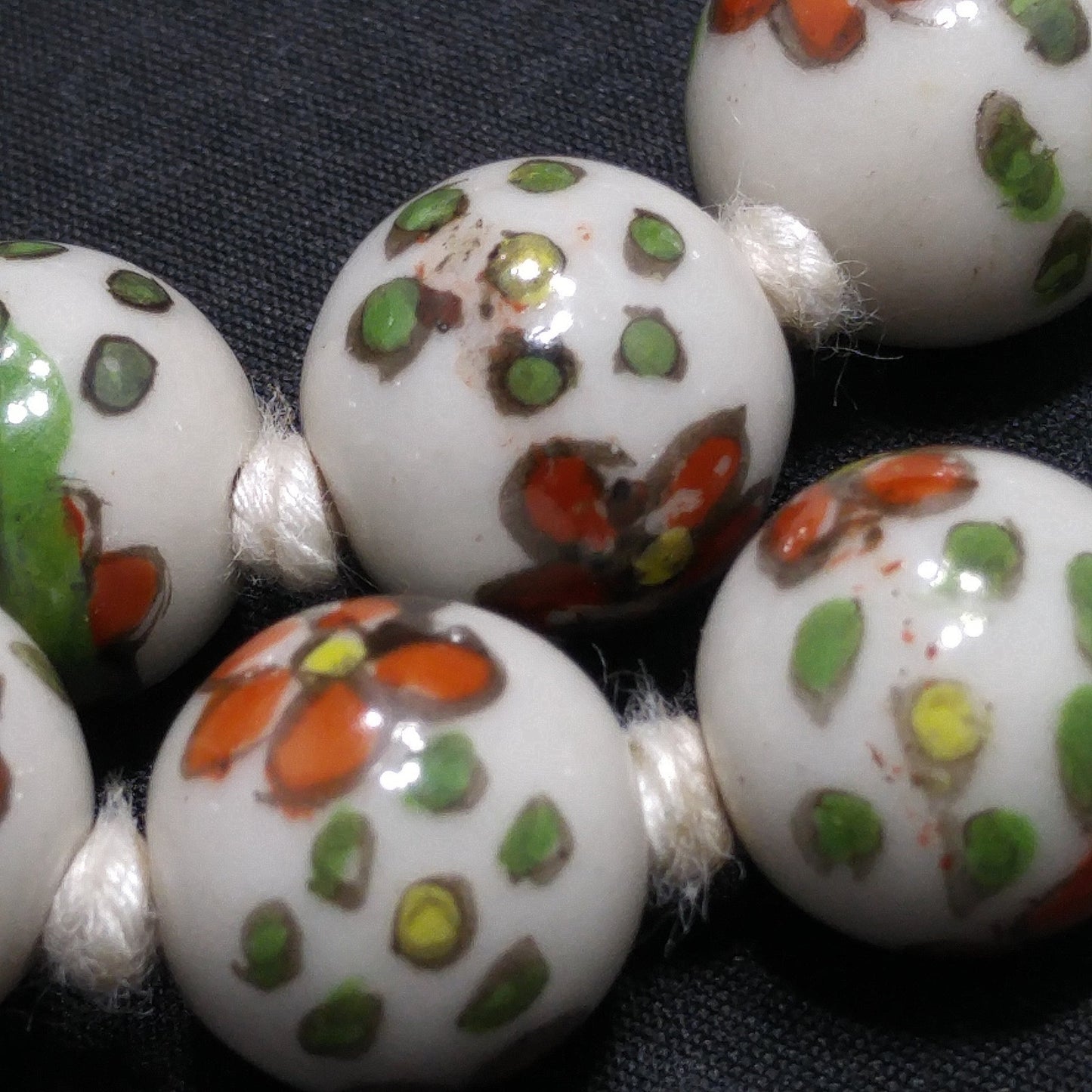 Vintage Ceramic Hand Painted Bead Necklace, Chinese Import, Hand-Knotted, 1960s