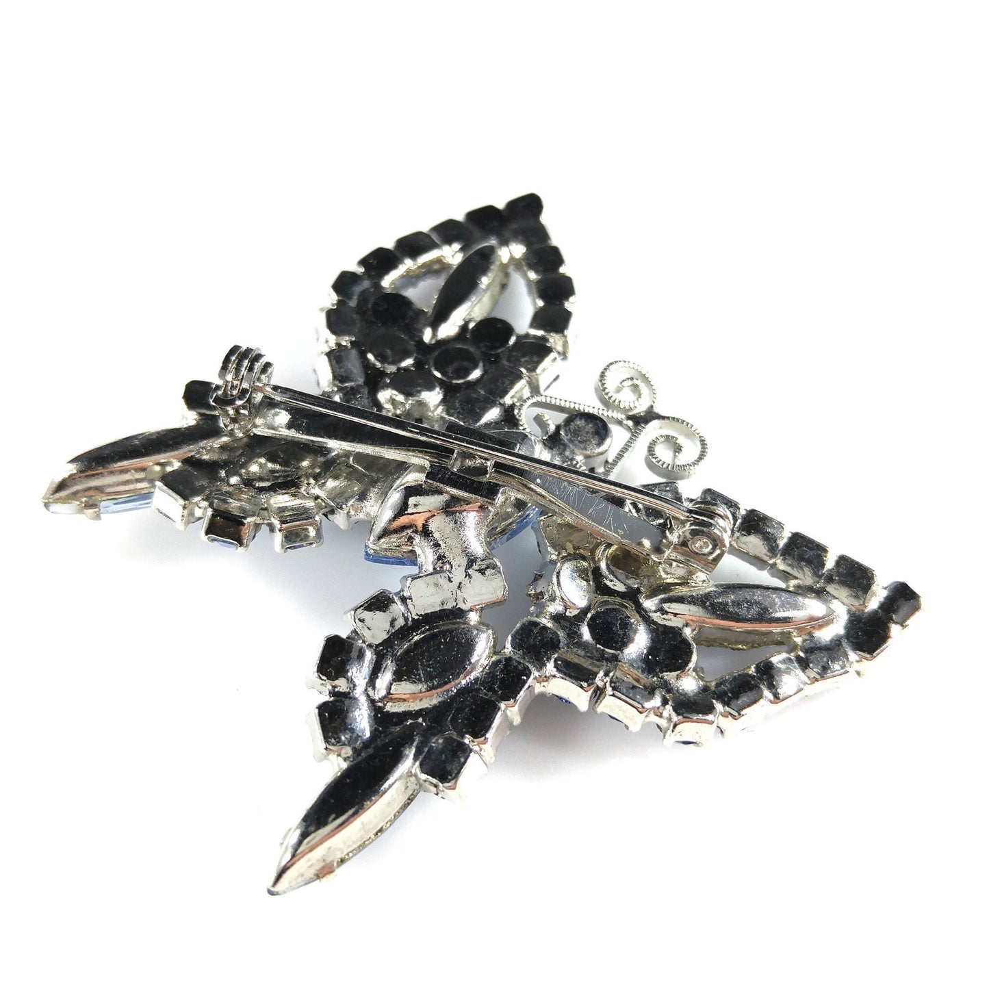 Blue Butterfly Brooch, Aurora Borealis, Rhodium Plated, 1960s Vintage Jewelry