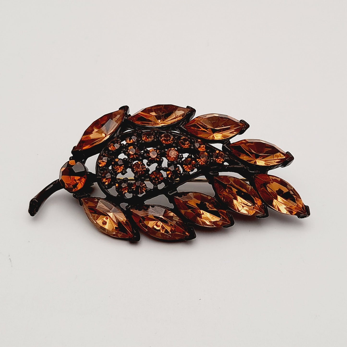 Vintage MGENT Topaz Rhinestone Leaf Japanned Brooch Pin