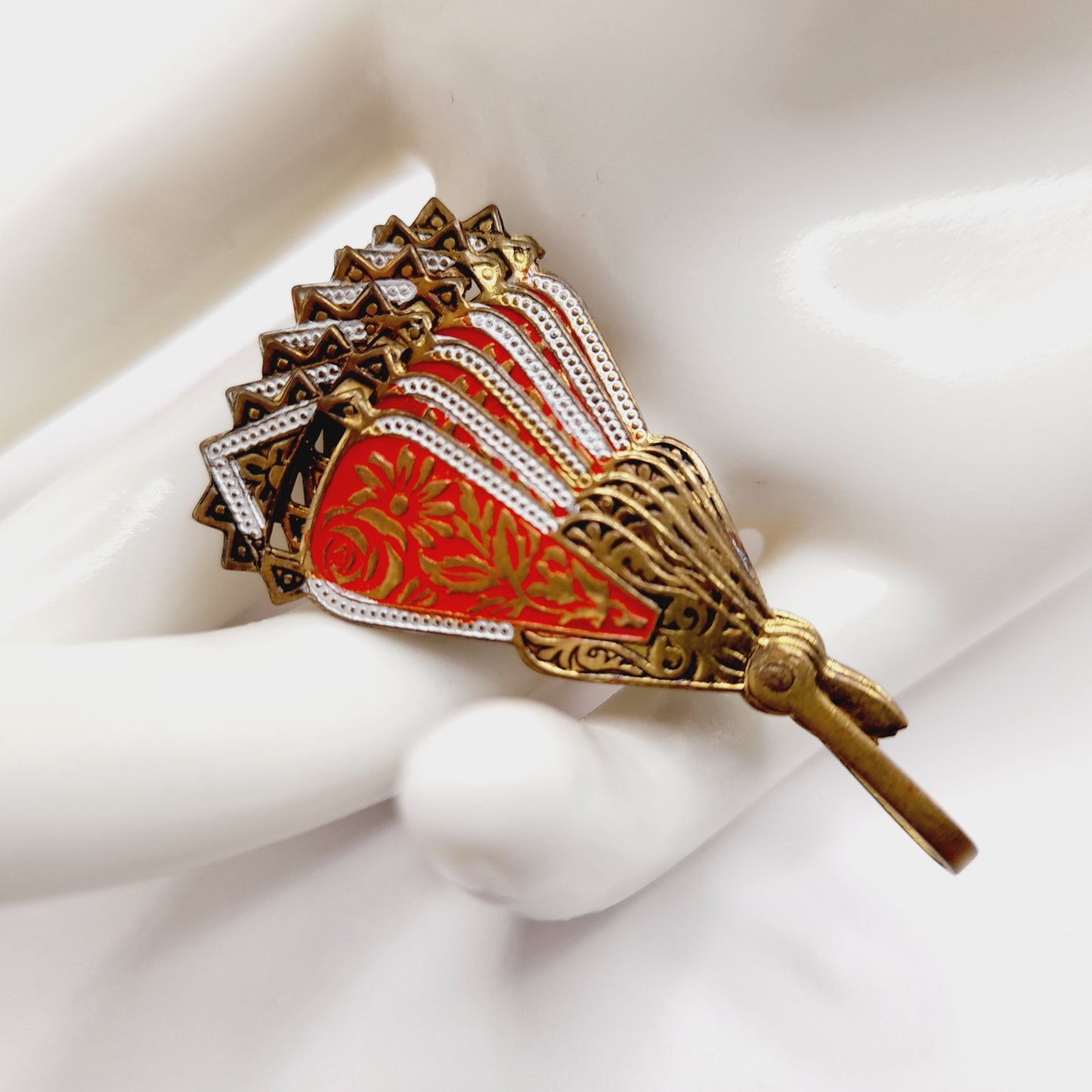 Vintage Spanish Damascene Articulated Fan Brooch Pin Pendant - Signed SPAIN - Black Gold Inlay Jewelry