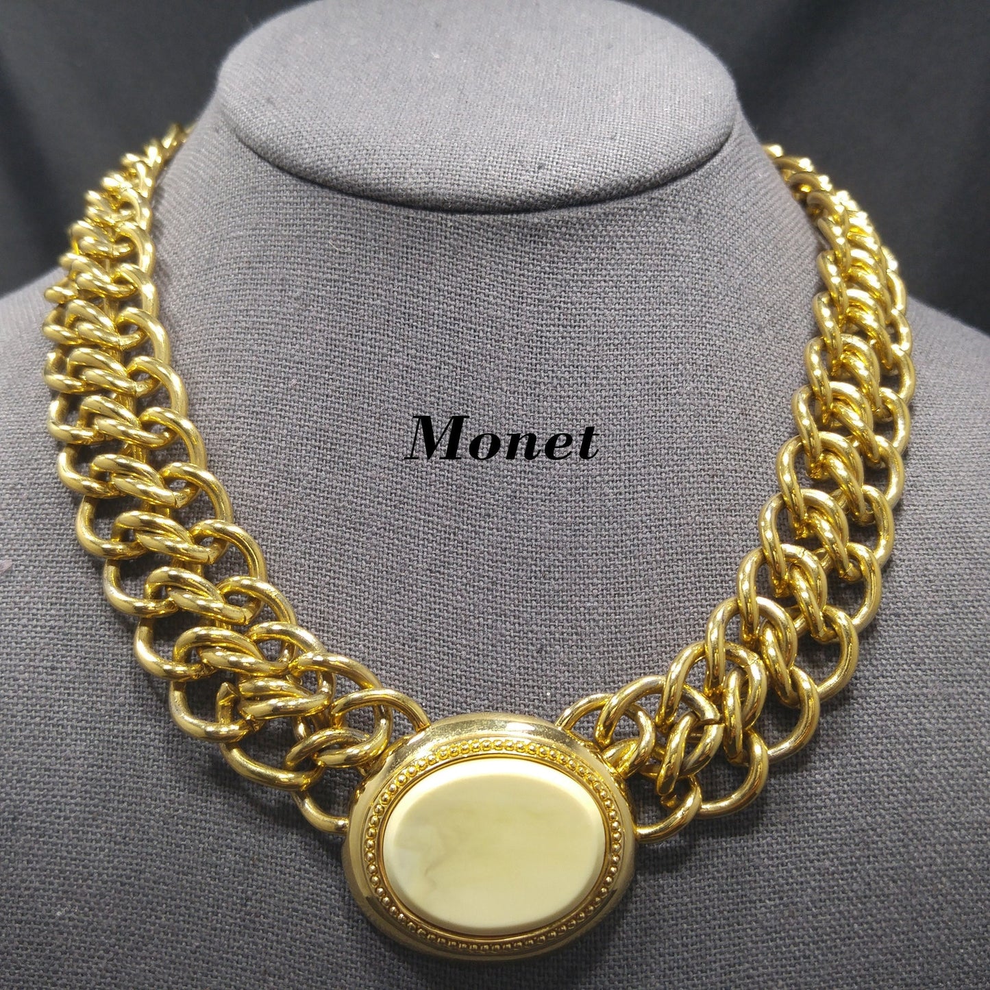 Vintage Monet Necklace, Faux Stone Lucite Pendant, 22K Gold Plated, 18" Length, 1980s Vintage Jewelry