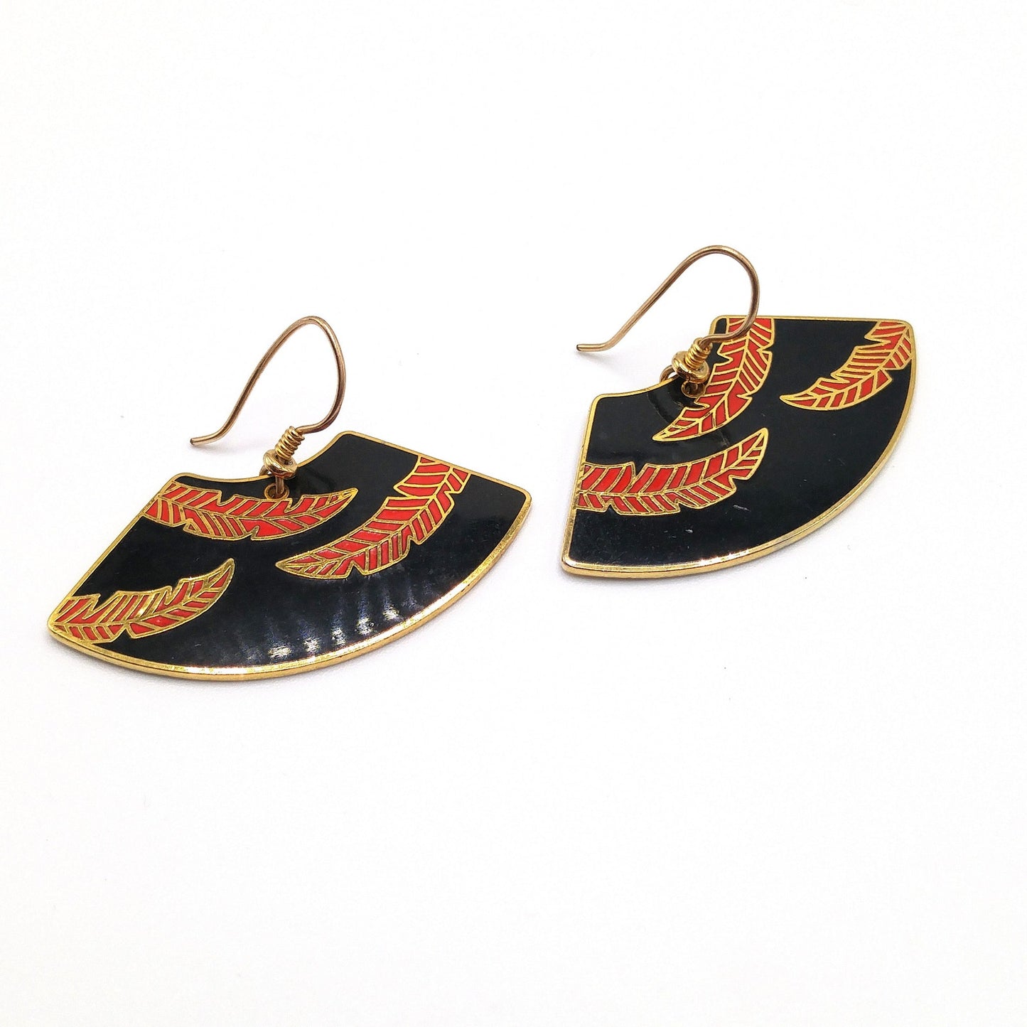 Laurel Burch "Palm Leaves" Earrings, Red Black Enamel, Gold Plated, 1980s Vintage Jewelry