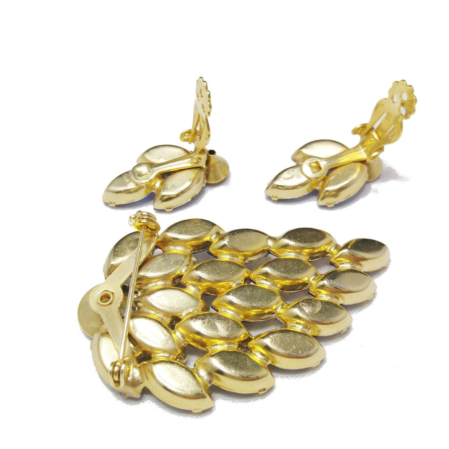 Mid Century Blue Rivoli Brooch & Earrings, Gold Plated, 1960s Vintage Jewelry