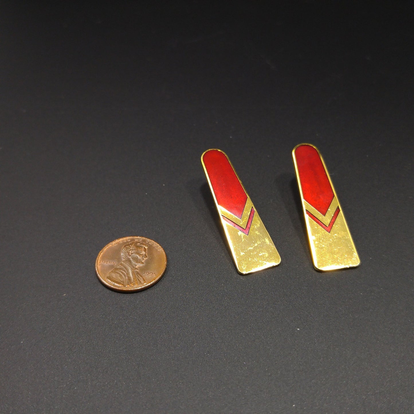 Vintage Laurel Burch Gold Red Chevron Post Earrings, 1980s, Gold Plated