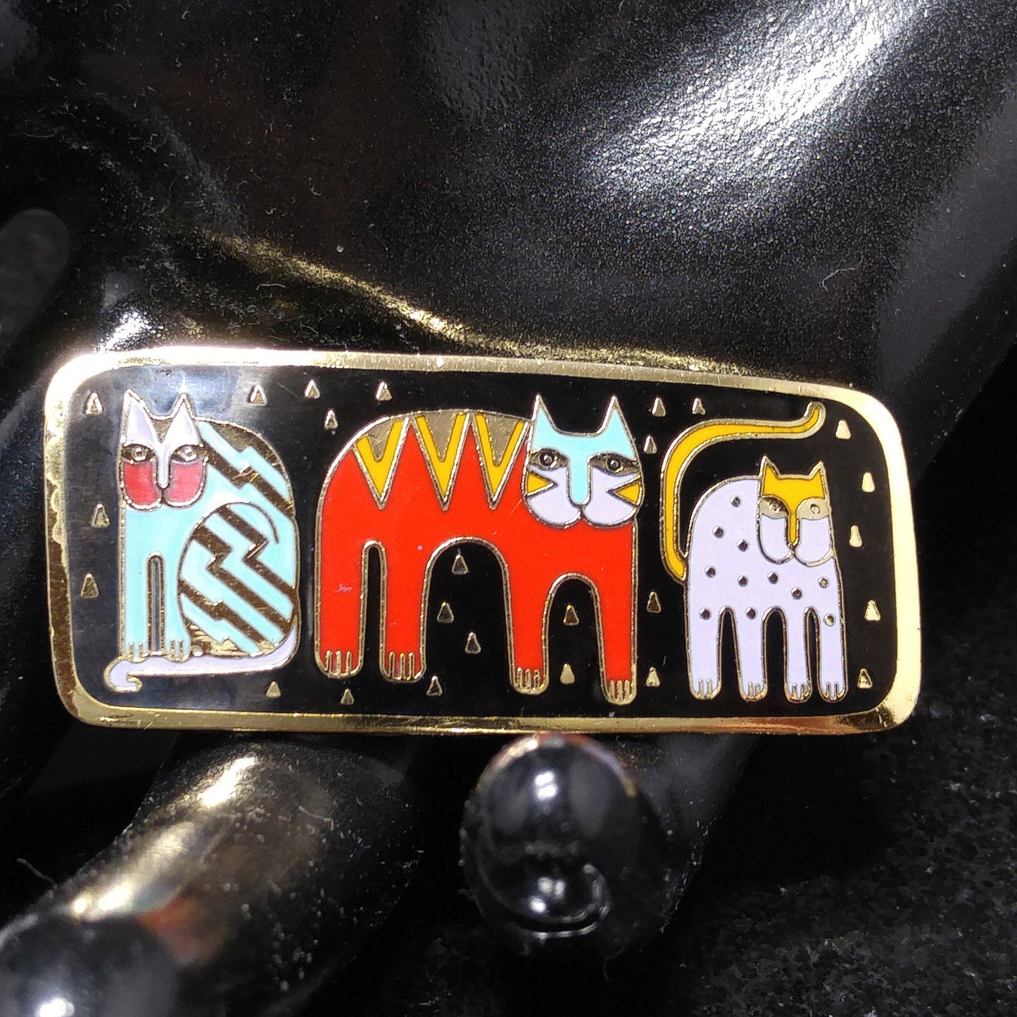 Laurel Burch "Fantastic Felines" Enamel Brooch, Gold Plated Cloisonne, 1980s