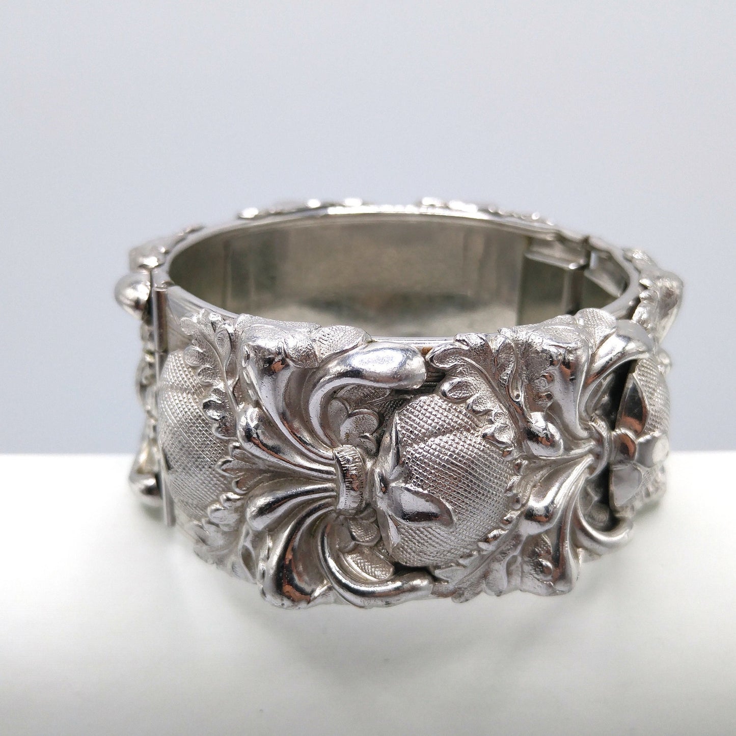 Whiting & Davis Floral Wide Hinged Bracelet, Rhodium Plated, Book Piece, 1970s Vintage Jewelry