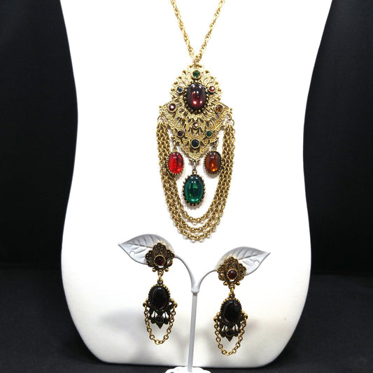 Multicolor Cabochon Long Necklace Earrings Set, 1960s Vintage Jewelry