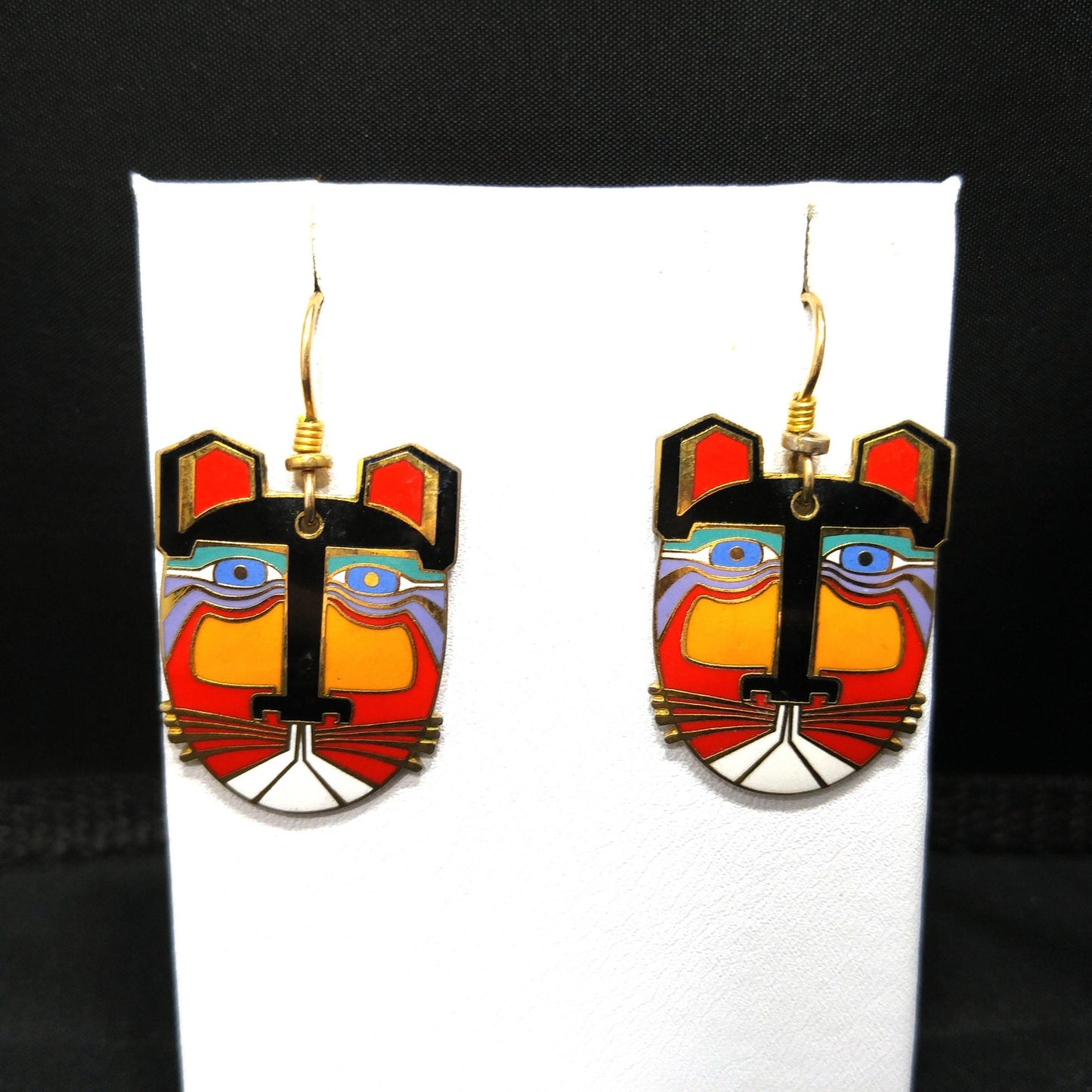 Laurel Burch "Miikio" Earrings, Gold Plated Enamel Large Cat Faces, 1980s Vintage Jewelry