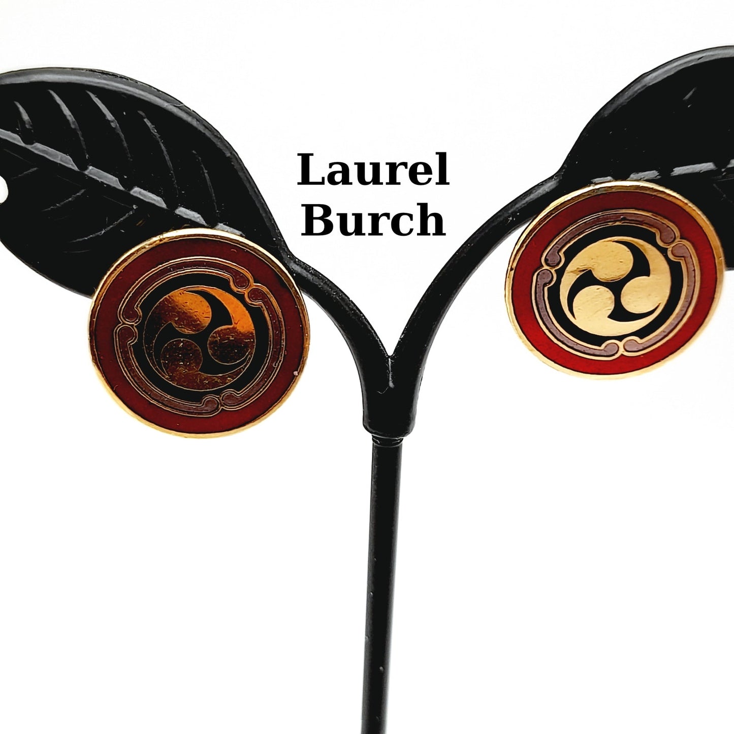 Vintage Laurel Burch Red Black Enamel Asian Symbol Post Earrings - Gold Plated - 3/4 Inch