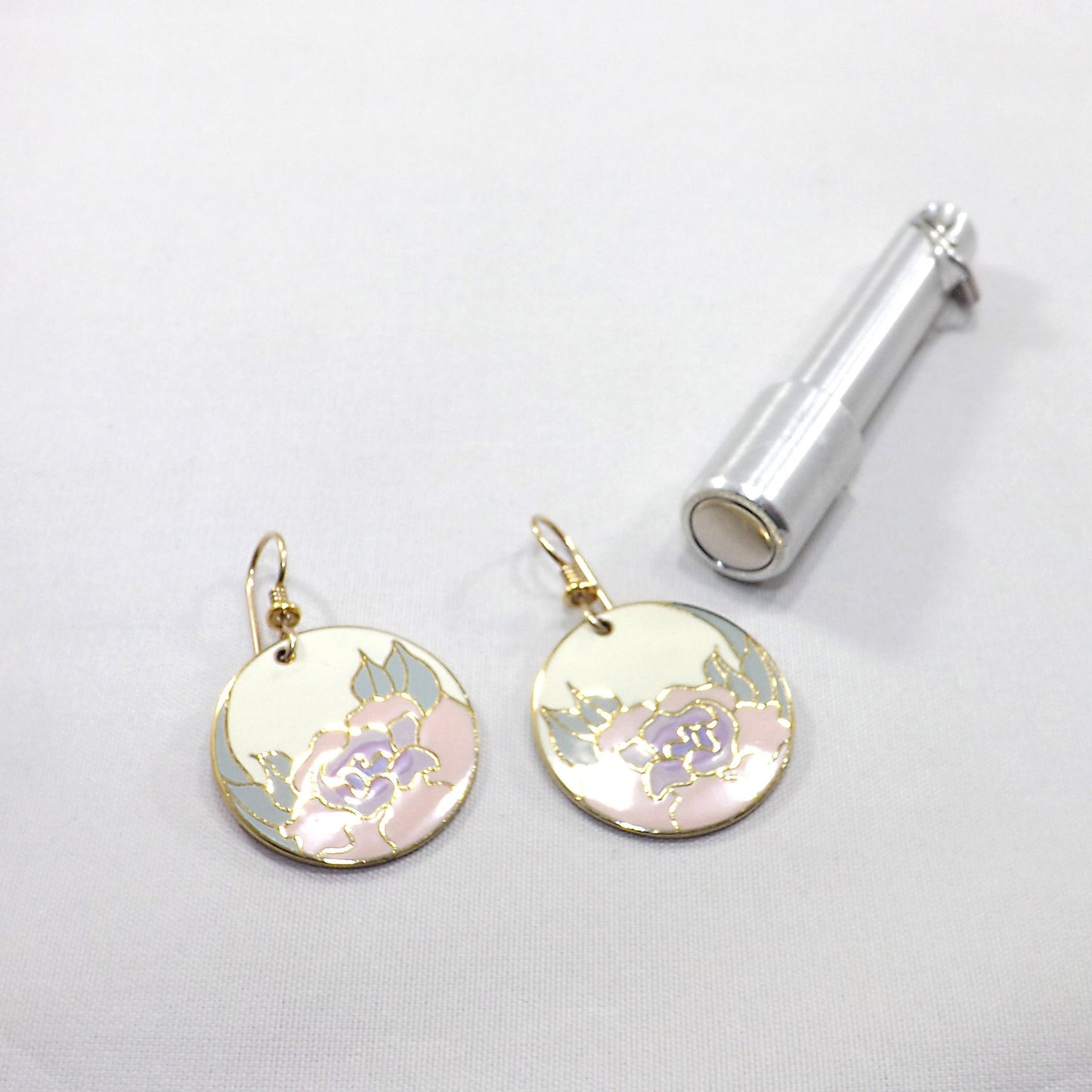 Laurel Burch "Garden Rose" Earrings, Cloisonné Gold Plated, 1980s