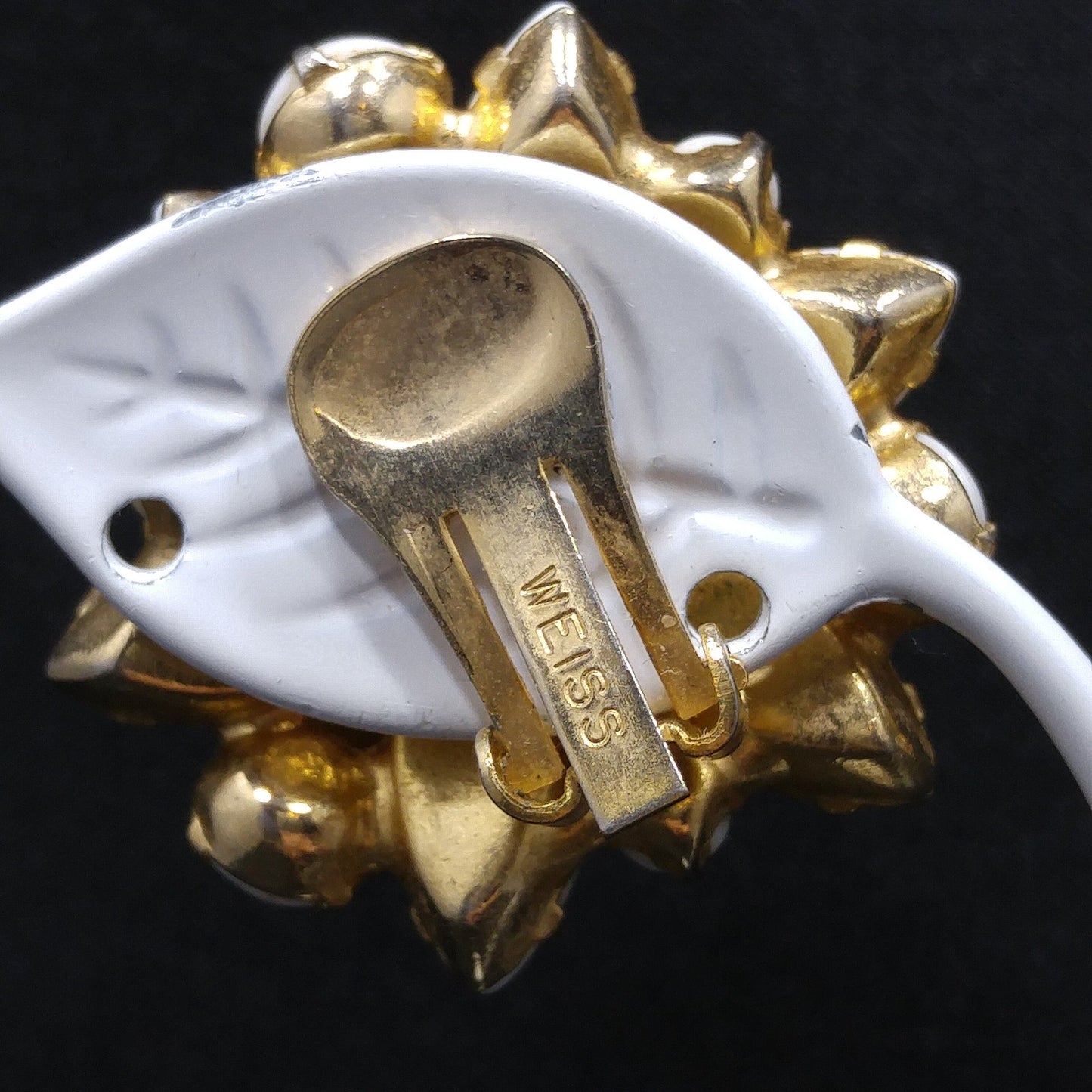 Weiss Milk Glass Gold Plated Flower Earrings, 1960s Designer Vintage Jewelry