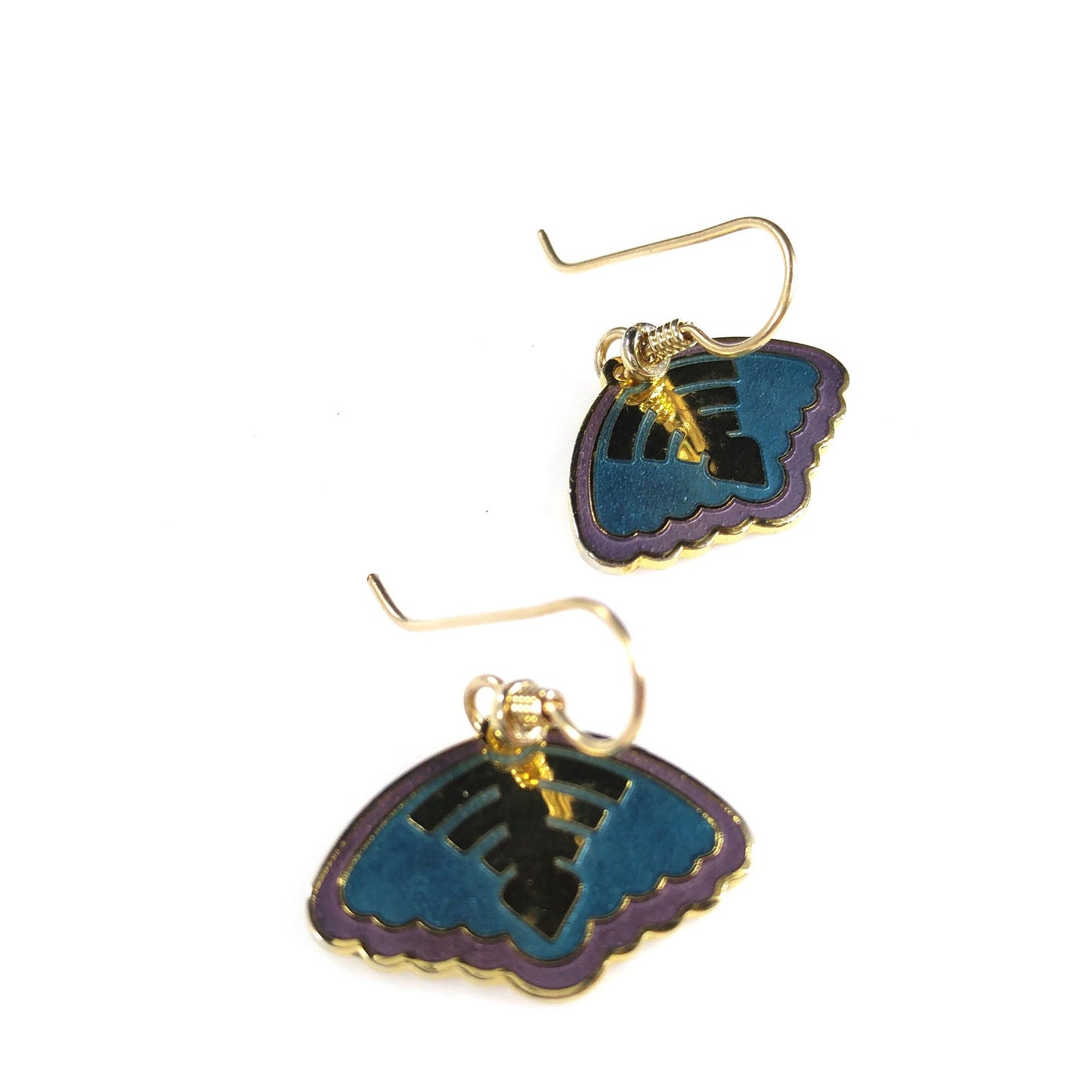 Vintage Laurel Burch Teal & Purple Enamel Drop Earrings, Gold Plated