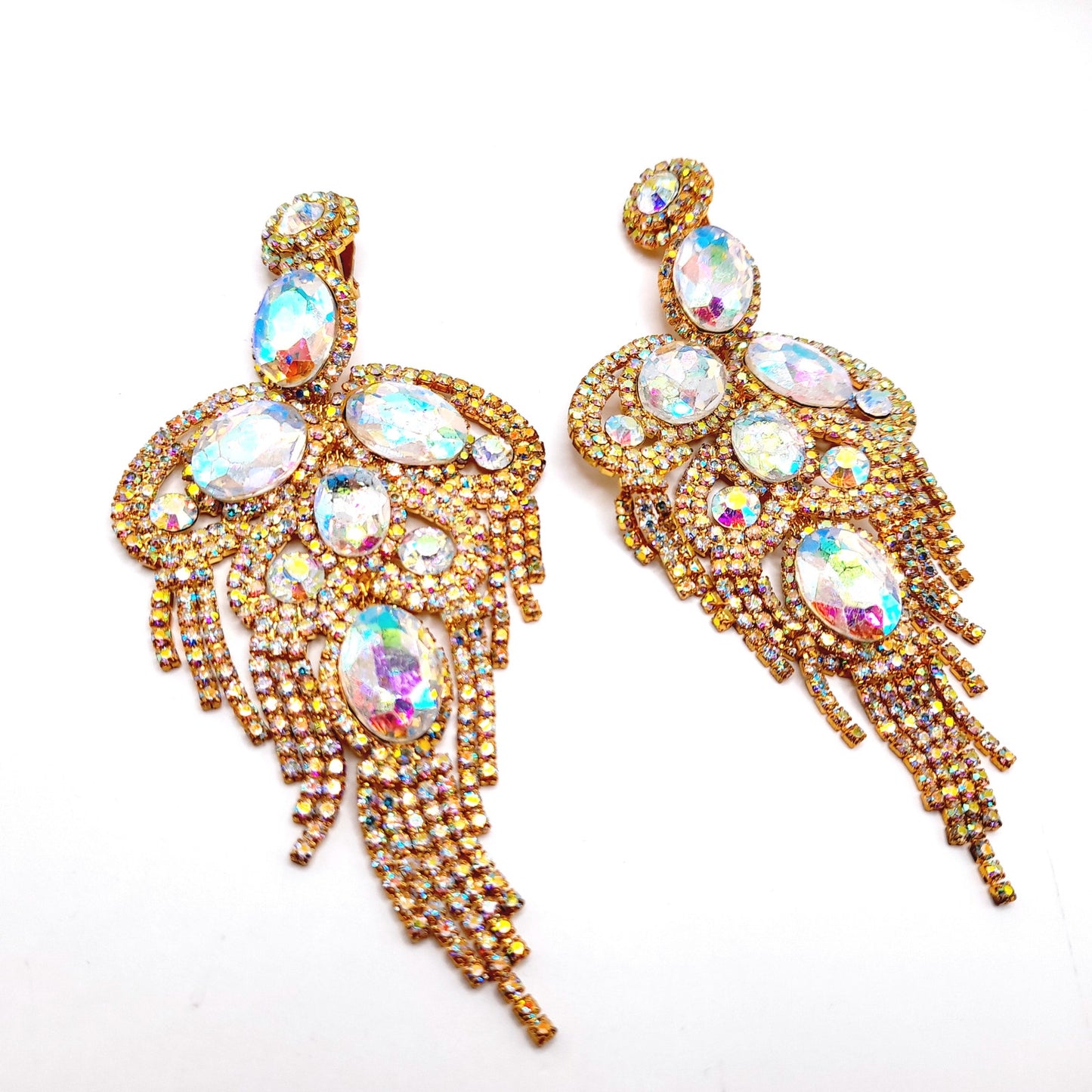 Runway Aurora Borealis Rhinestone Clip Earrings – Gold Tone Statement Jewelry
