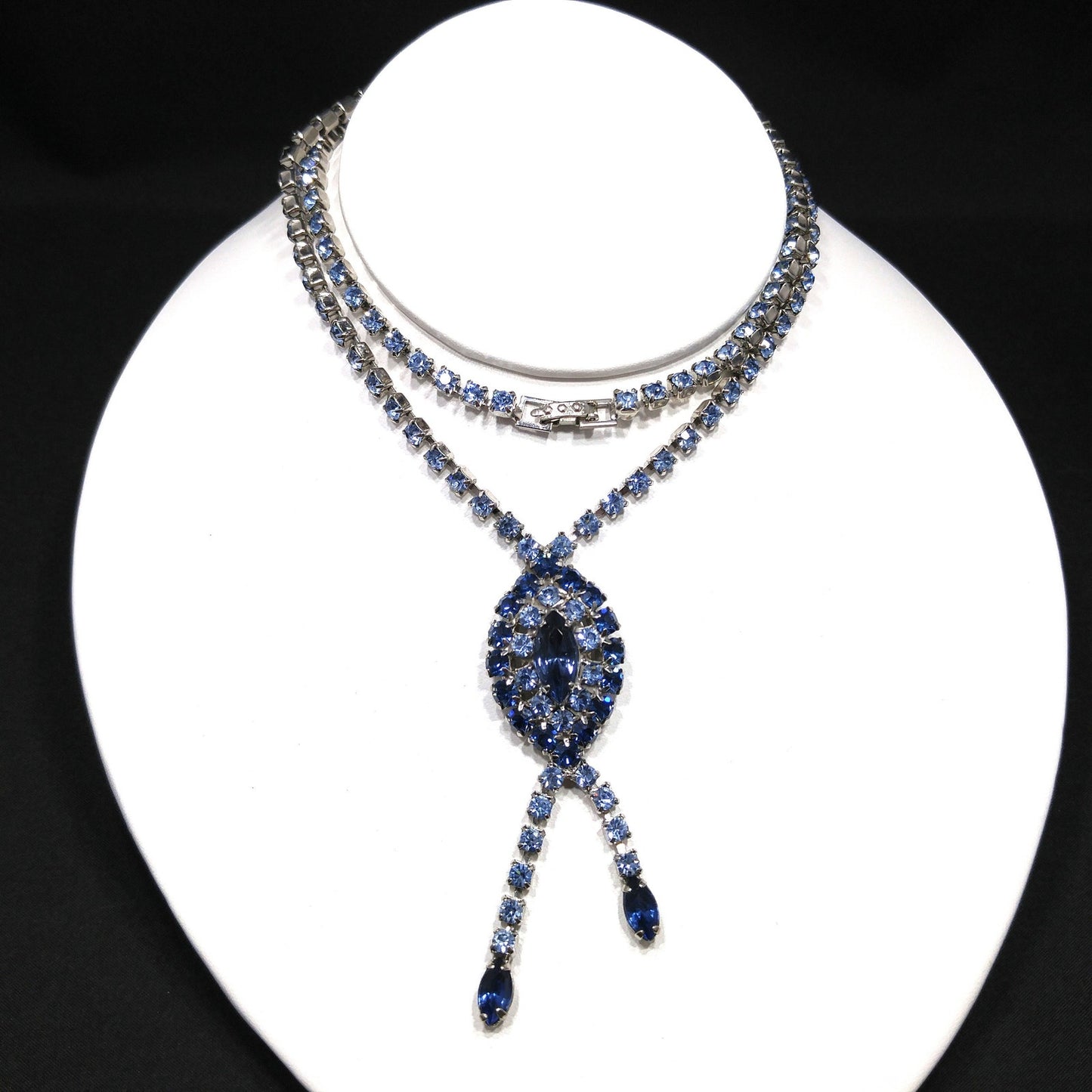 Mid Century Blue Rhinestone Rhodium Plated Necklace, Light & Dark Blue Rhinestones, 1960s Vintage Jewelry